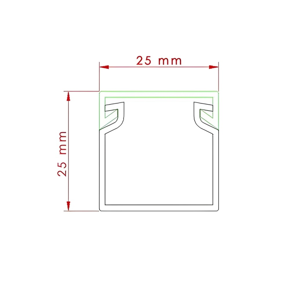 Diagramm eines 25 mm quadratischen Profils. Enthält Abmessungen und eine grüne Umrandung. Die Profilform ist U-förmig mit ausgestellten Kanten.