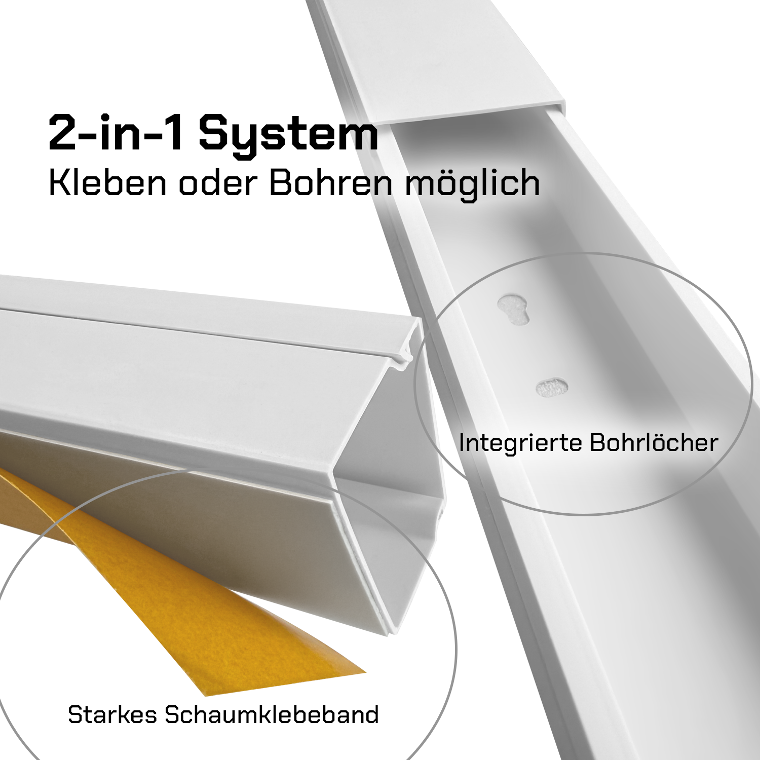 Weißer Kabelkanal mit Text. Es zeigt starkes Klebeband und integrierte Bohrlöcher. Text: 2-in-1-System, Kleben oder Bohren möglich.