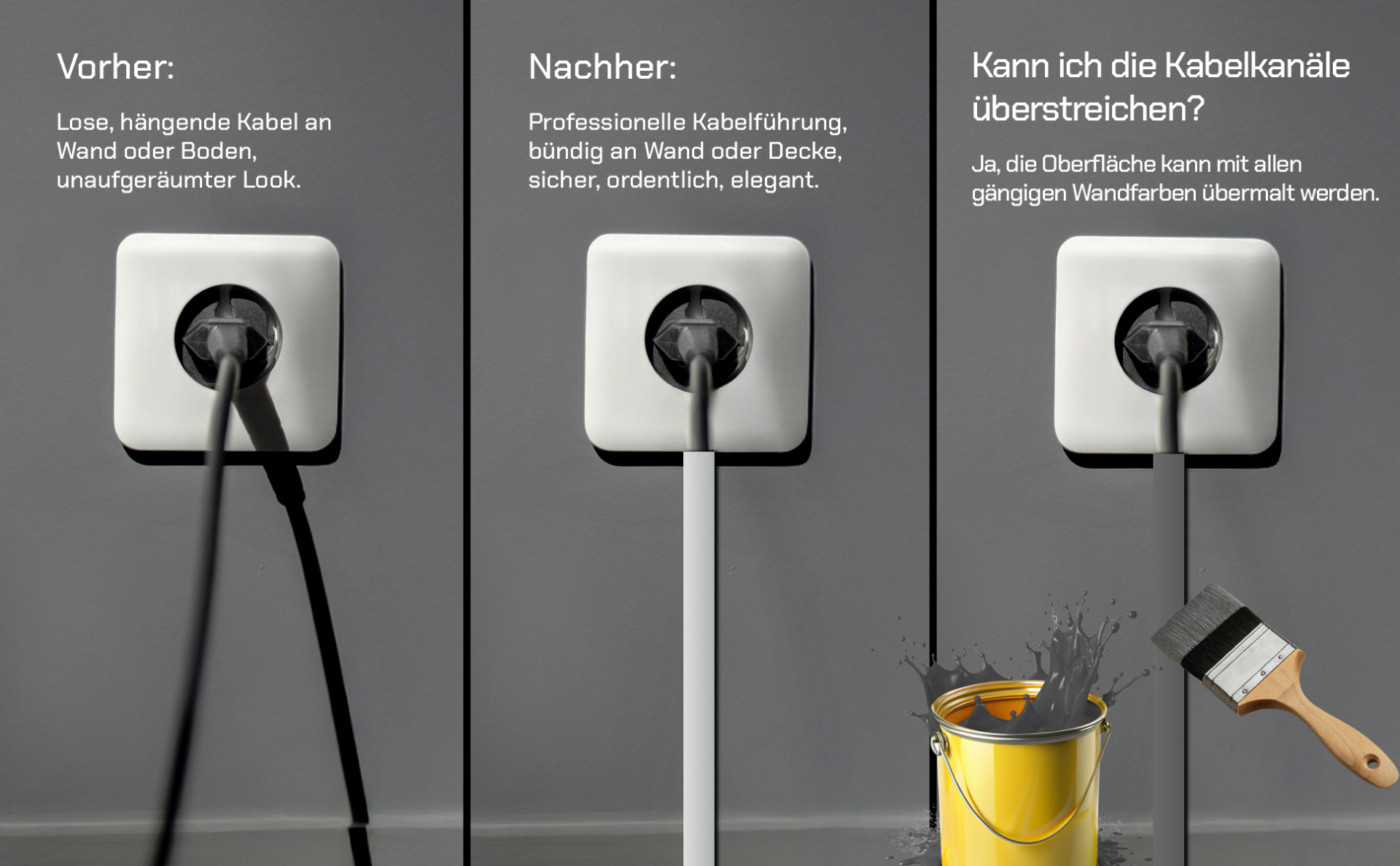 Das Bild zeigt Vorher- und Nachher-Bilder des Kabelmanagements. Eine Steckdose mit losen Kabeln und eine Steckdose mit ordentlich verlegten Kabeln.
