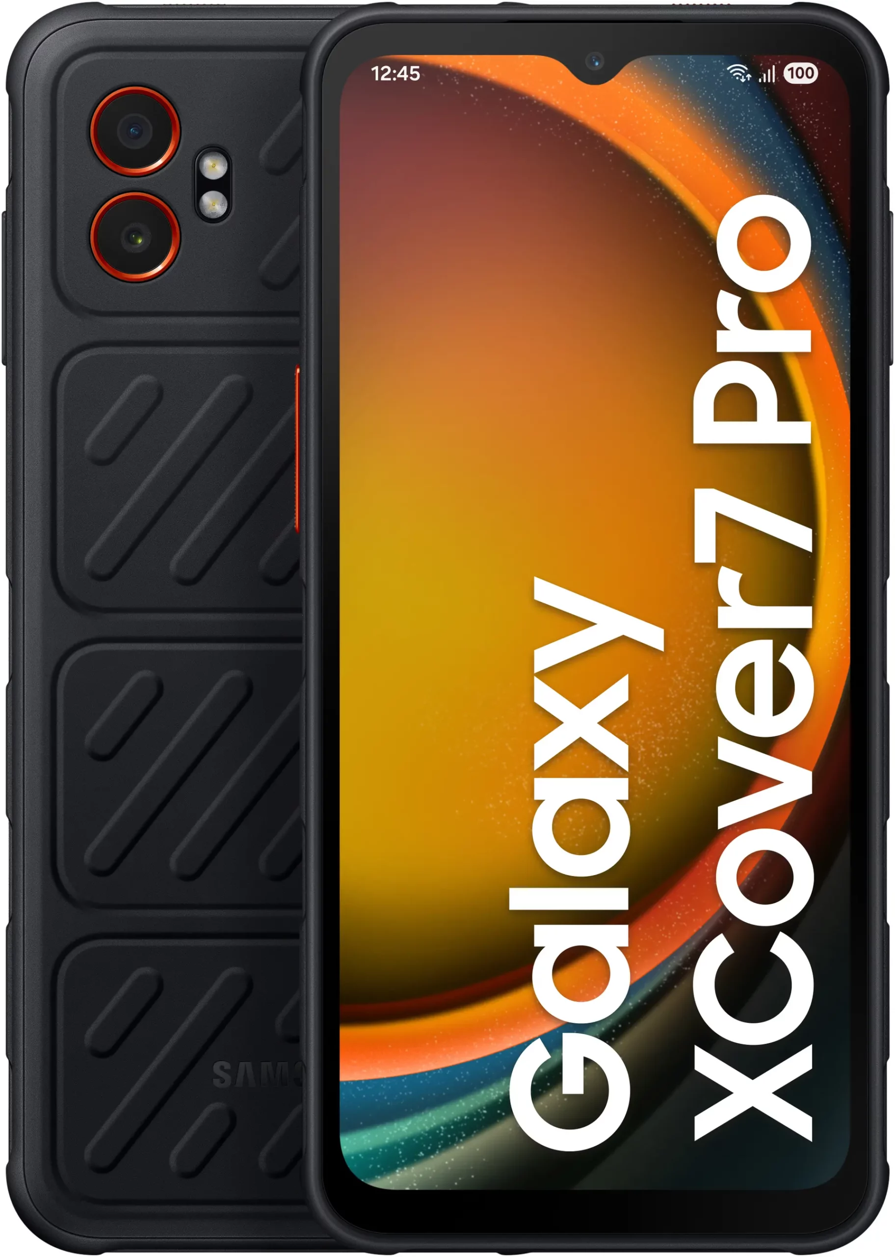 Czarny telefon Samsung Galaxy Xcover7 Pro. Ekran wyświetla nazwę telefonu. Tył ma teksturowany wygląd.