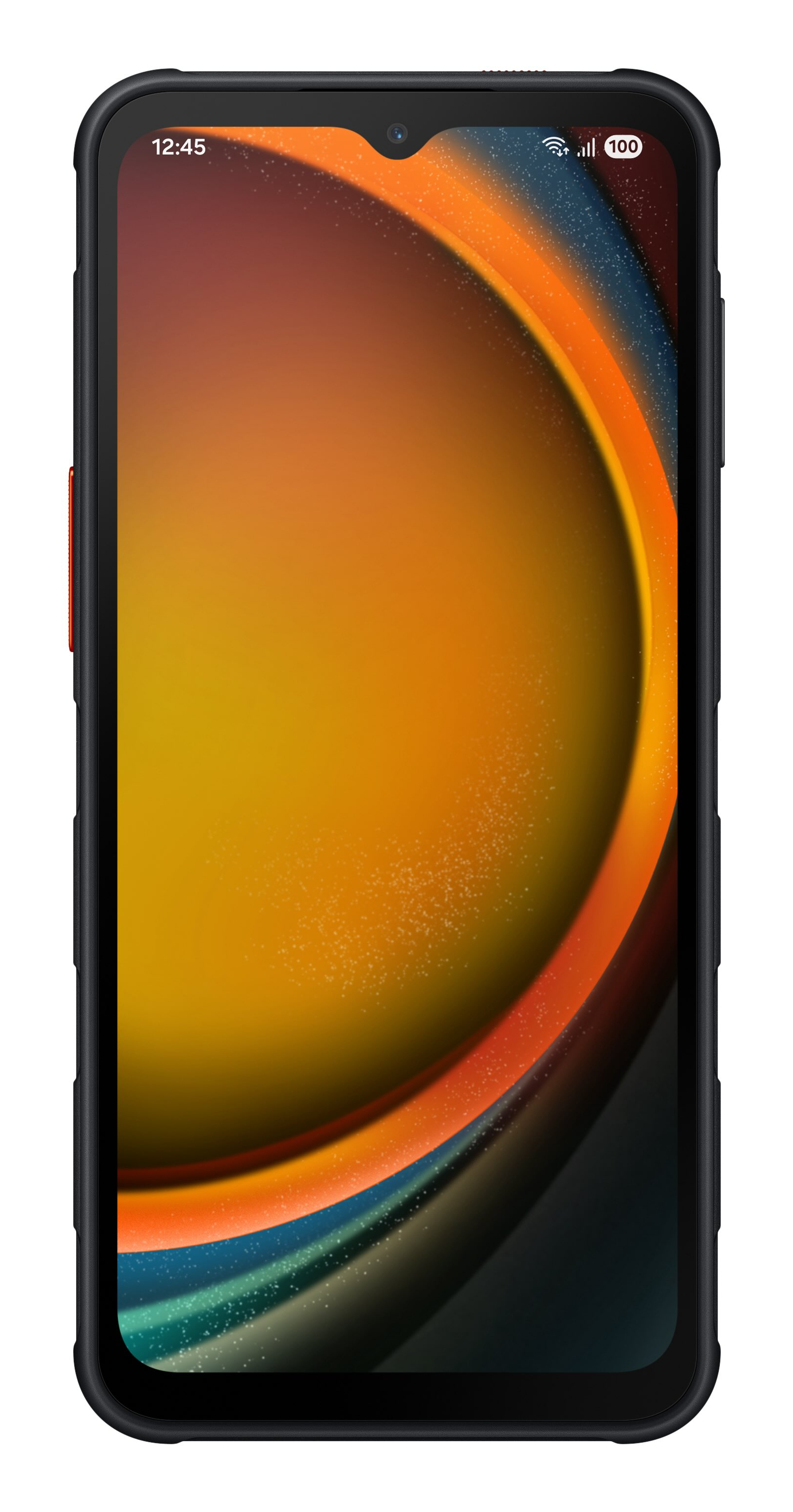 Smartfon z kolorową, abstrakcyjną tapetą. Ma czarną ramkę i czerwony przycisk zasilania. Godzina to 12:45.