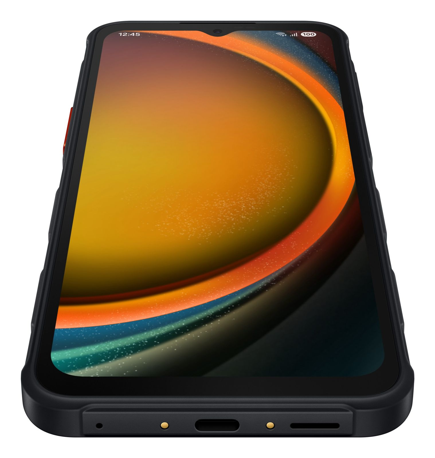 Czarny smartfon z kolorowym ekranem, wyświetlającym abstrakcyjne pomarańczowe i niebieskie kształty. Ekran pokazuje godzinę 12:45 i 100% baterii.
