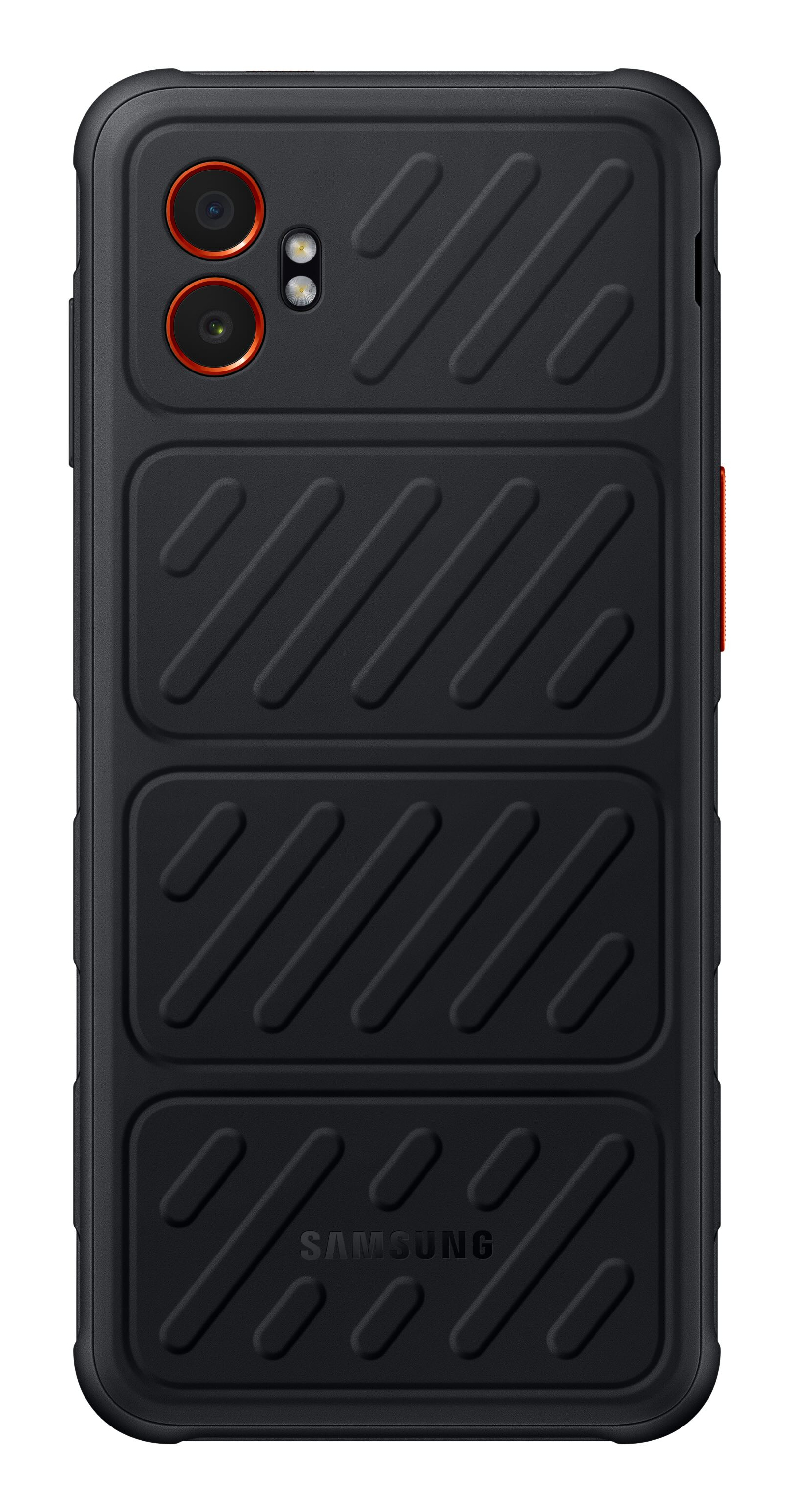 Czarne etui na telefon o wytrzymałej konstrukcji. Posiada obiektywy aparatu z pomarańczowymi pierścieniami i logo Samsung.