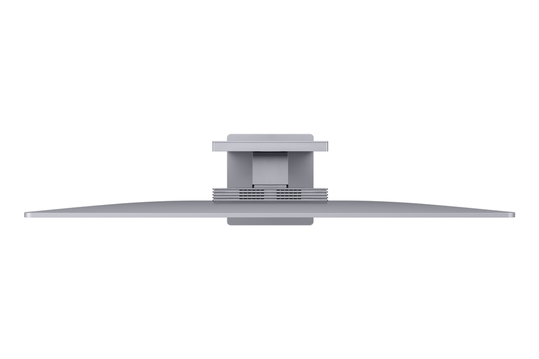 Vista superior de un monitor de computadora plateado. Tiene una pantalla rectangular y un soporte con base cuadrada.