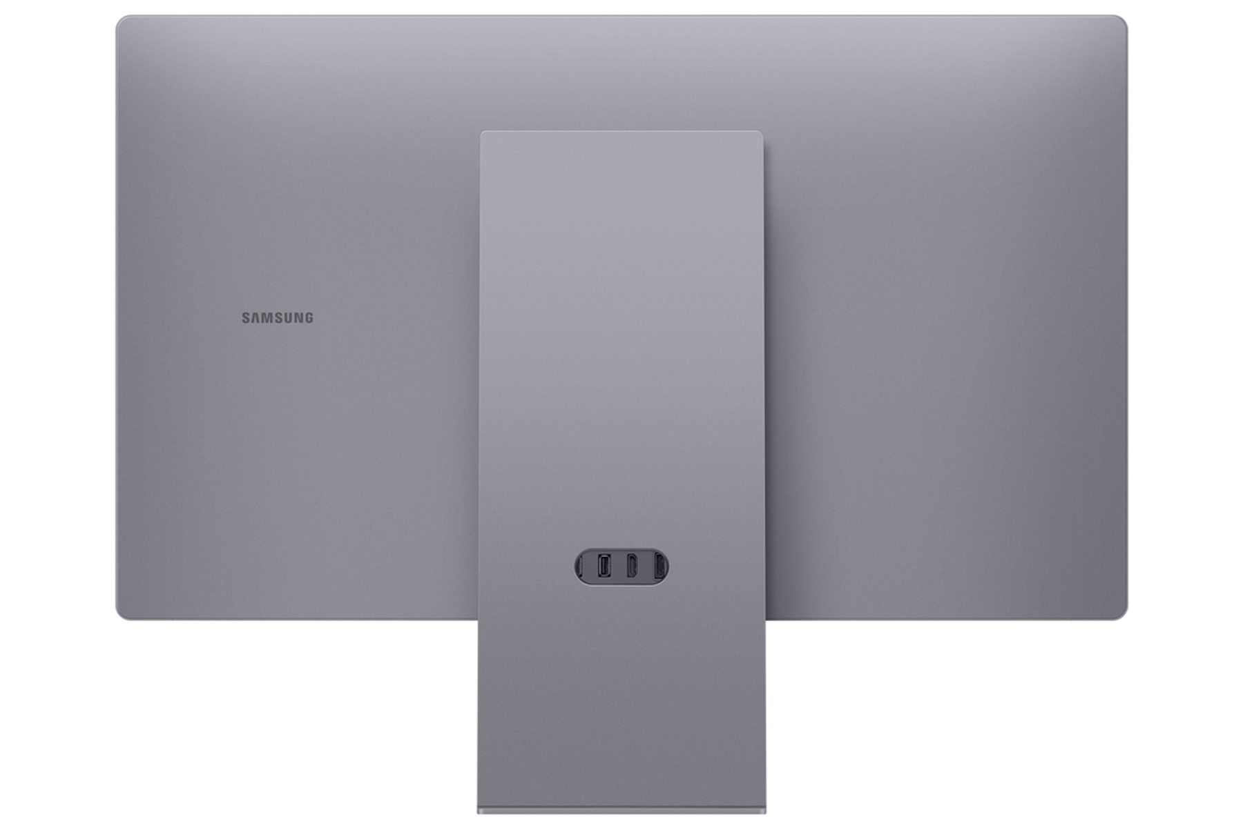 Vista posterior de un monitor Samsung gris con soporte. El logotipo de Samsung está en la esquina superior izquierda.