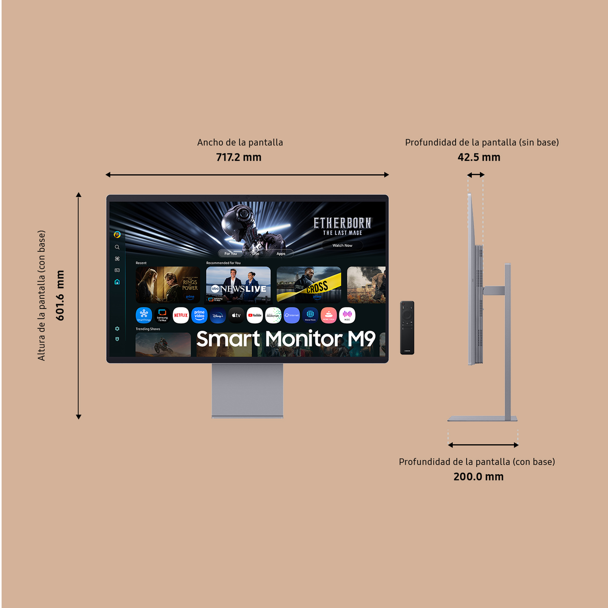 Un Smart Monitor M9 sobre un fondo beige. Se muestran las dimensiones. La pantalla muestra una interfaz de servicio de transmisión y el control remoto está a la derecha.