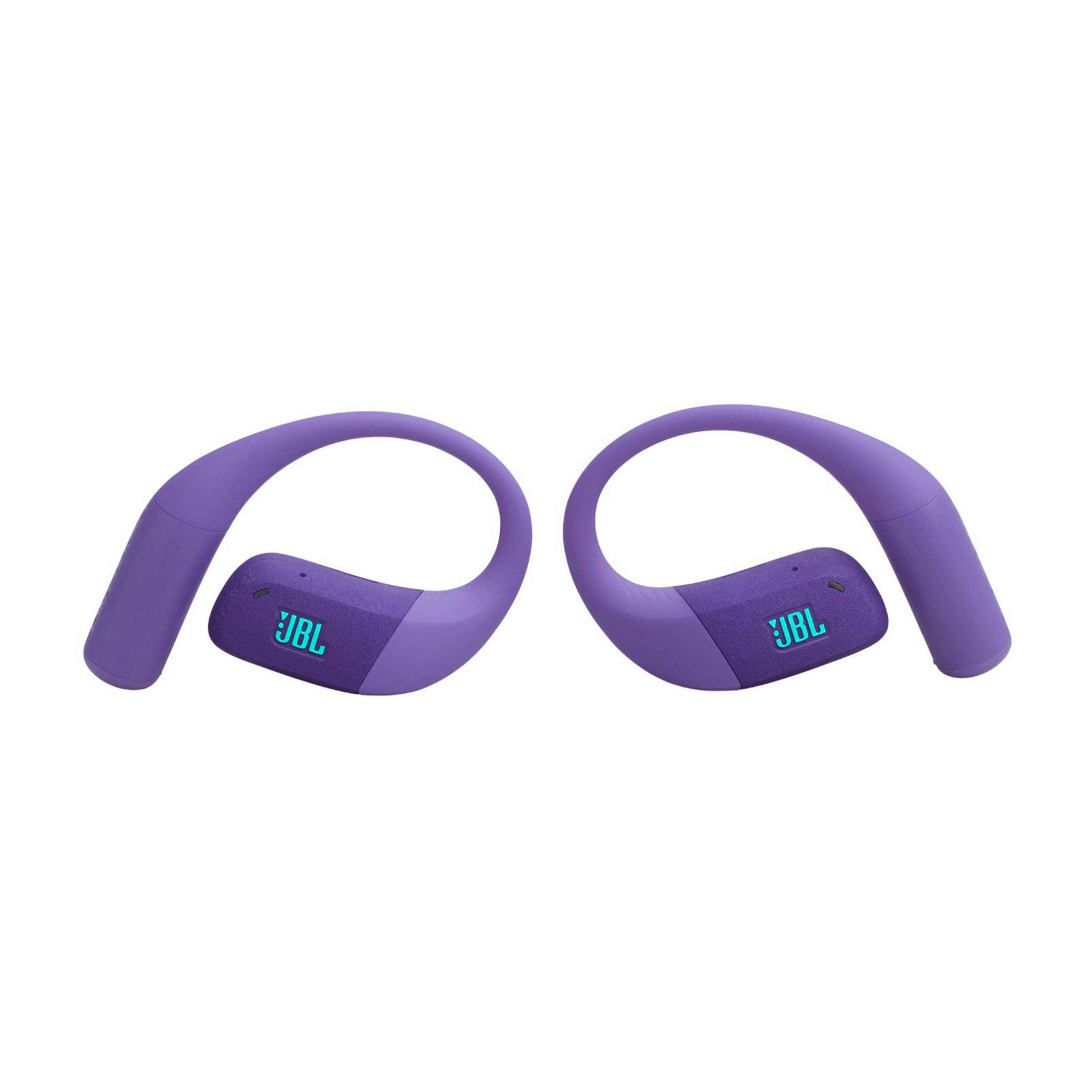 Due cuffie JBL viola, ciascuna con un design curvo, su sfondo bianco. Il logo JBL è visibile su ciascuna.
