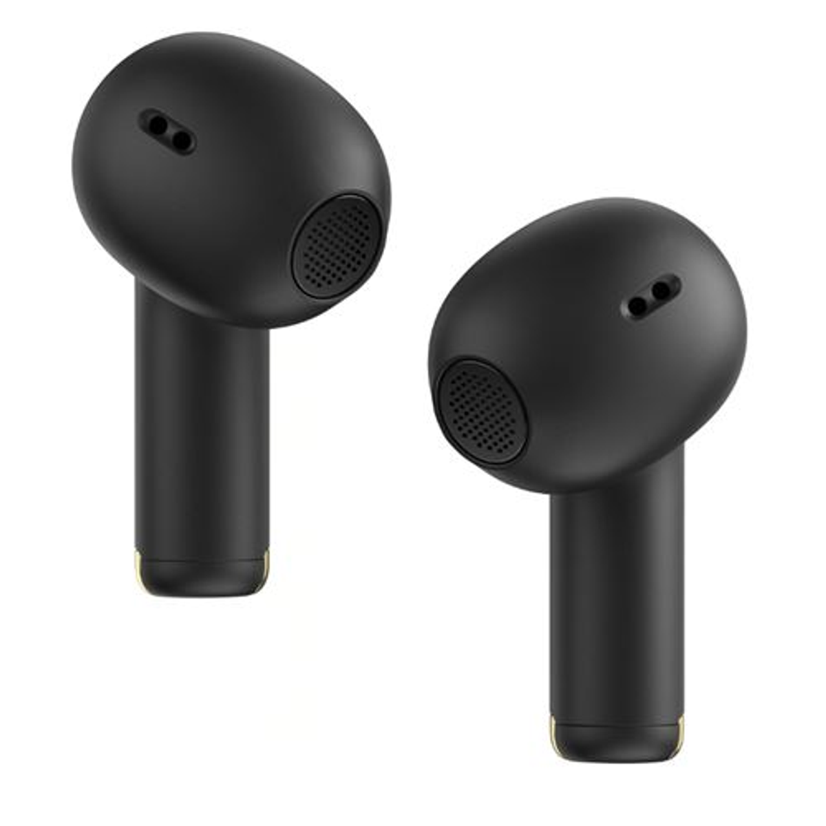 Dos auriculares inalámbricos negros. Cada uno tiene una parte superior redondeada, un tallo y un altavoz de malla. Acentos dorados en la base del tallo.