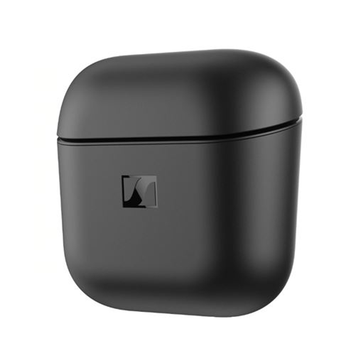 Estuche negro, rectangular y redondeado con tapa. Un pequeño cuadrado muestra un logotipo. El estuche es para auriculares y está sobre un fondo blanco.