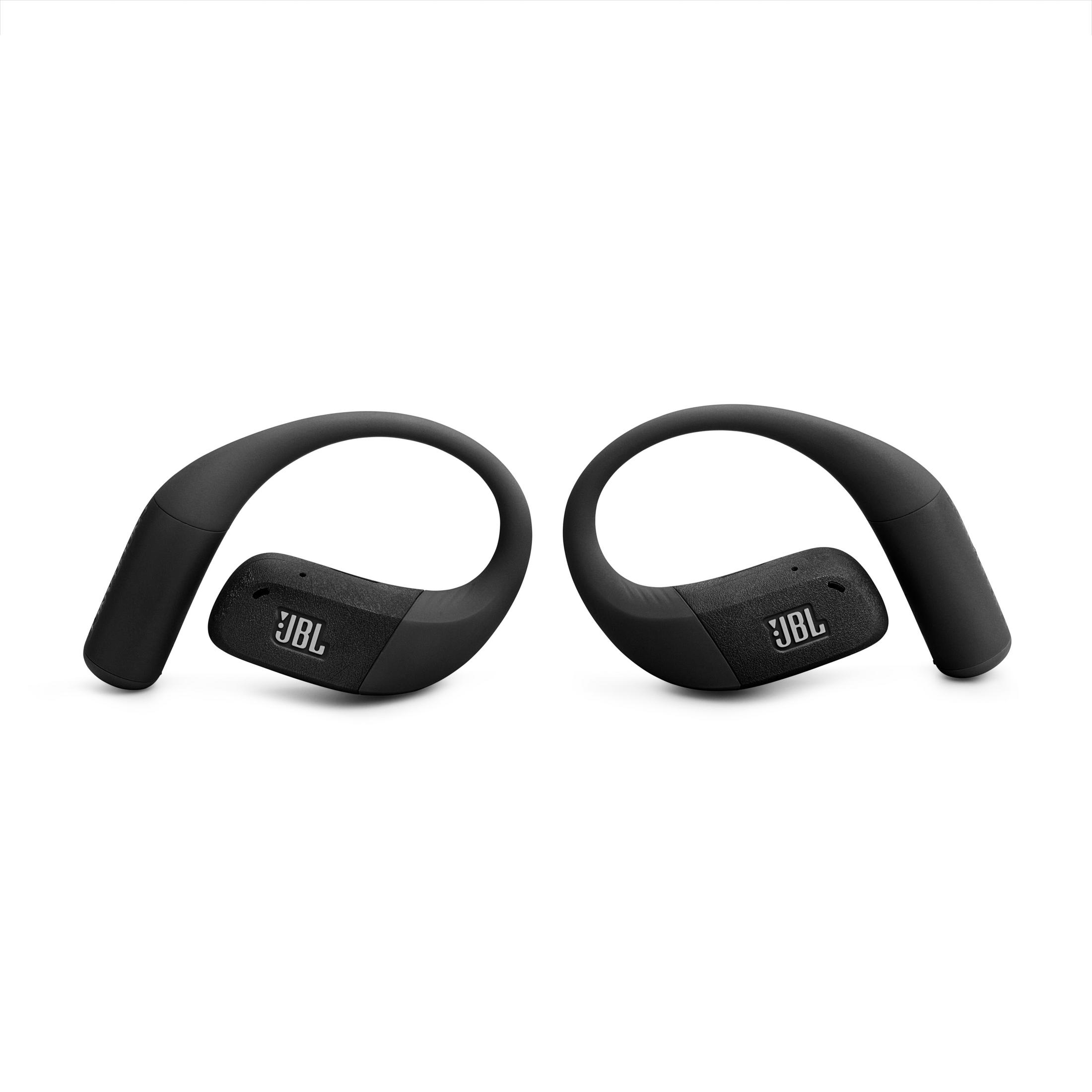 Due cuffie JBL nere, stile ear-hook, su sfondo bianco. Il logo JBL è visibile su ciascun auricolare.