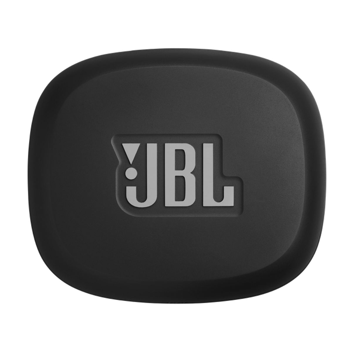 Primo piano di una custodia JBL nera con il logo JBL argentato. La custodia è di forma ovale e su sfondo nero.