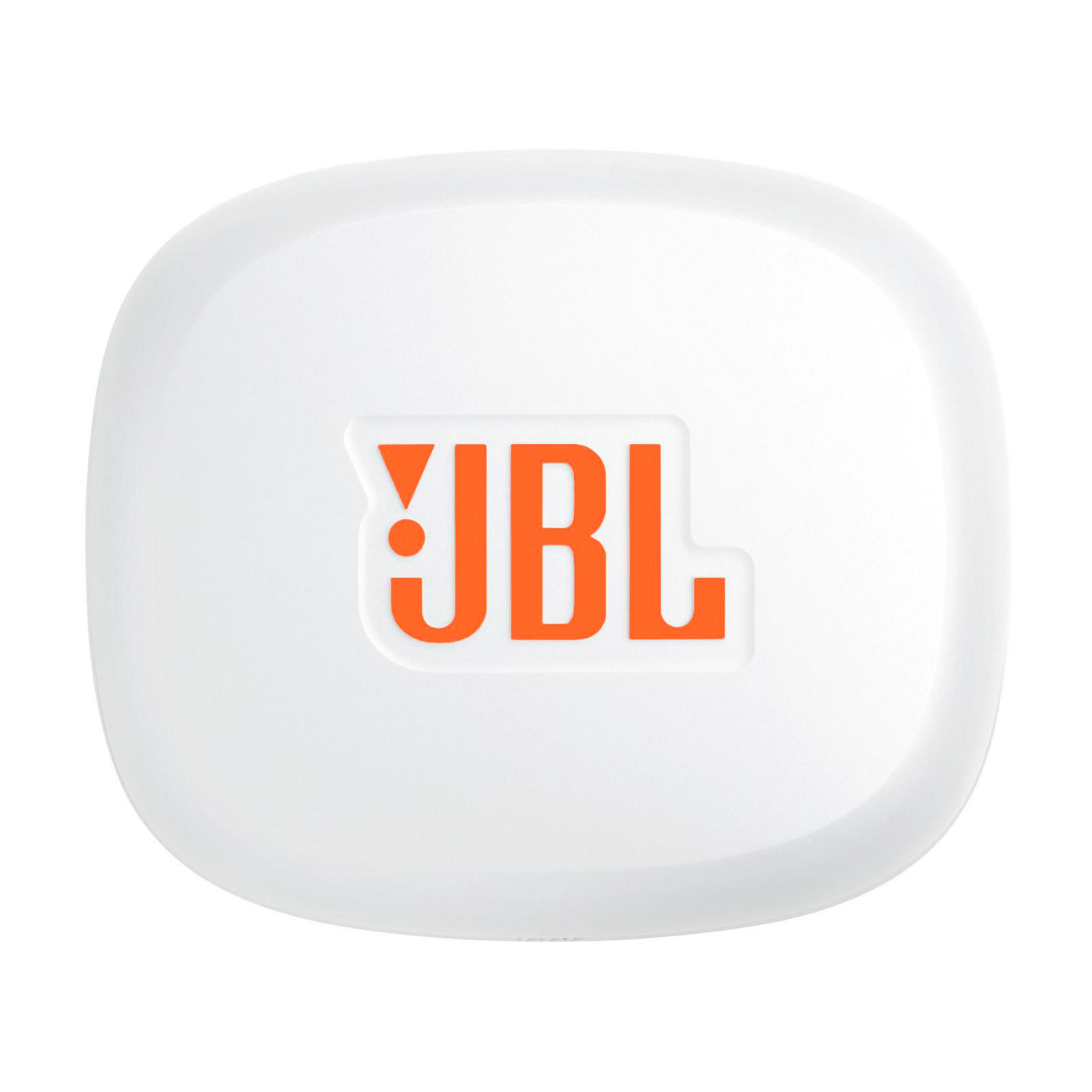 Una custodia JBL bianca e arrotondata con il logo JBL arancione in alto.