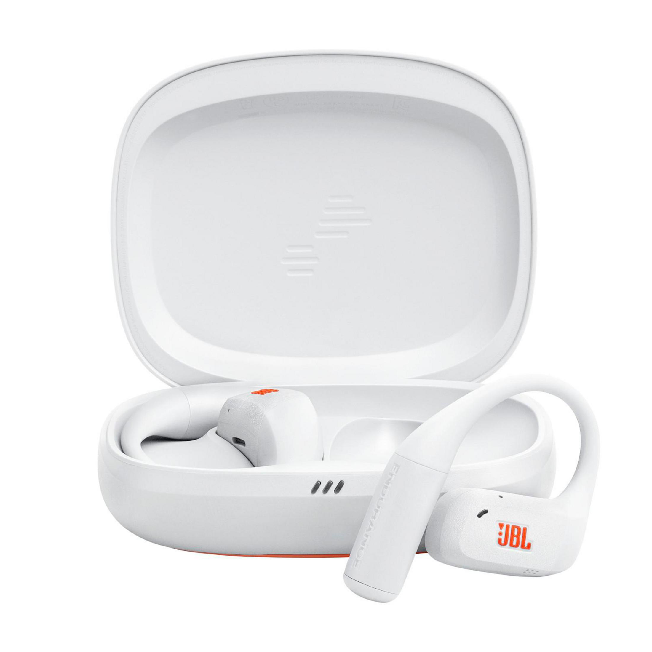 Auricolari JBL Endurance bianchi in custodia bianca. La custodia è aperta. Un auricolare è fuori, un altro dentro.