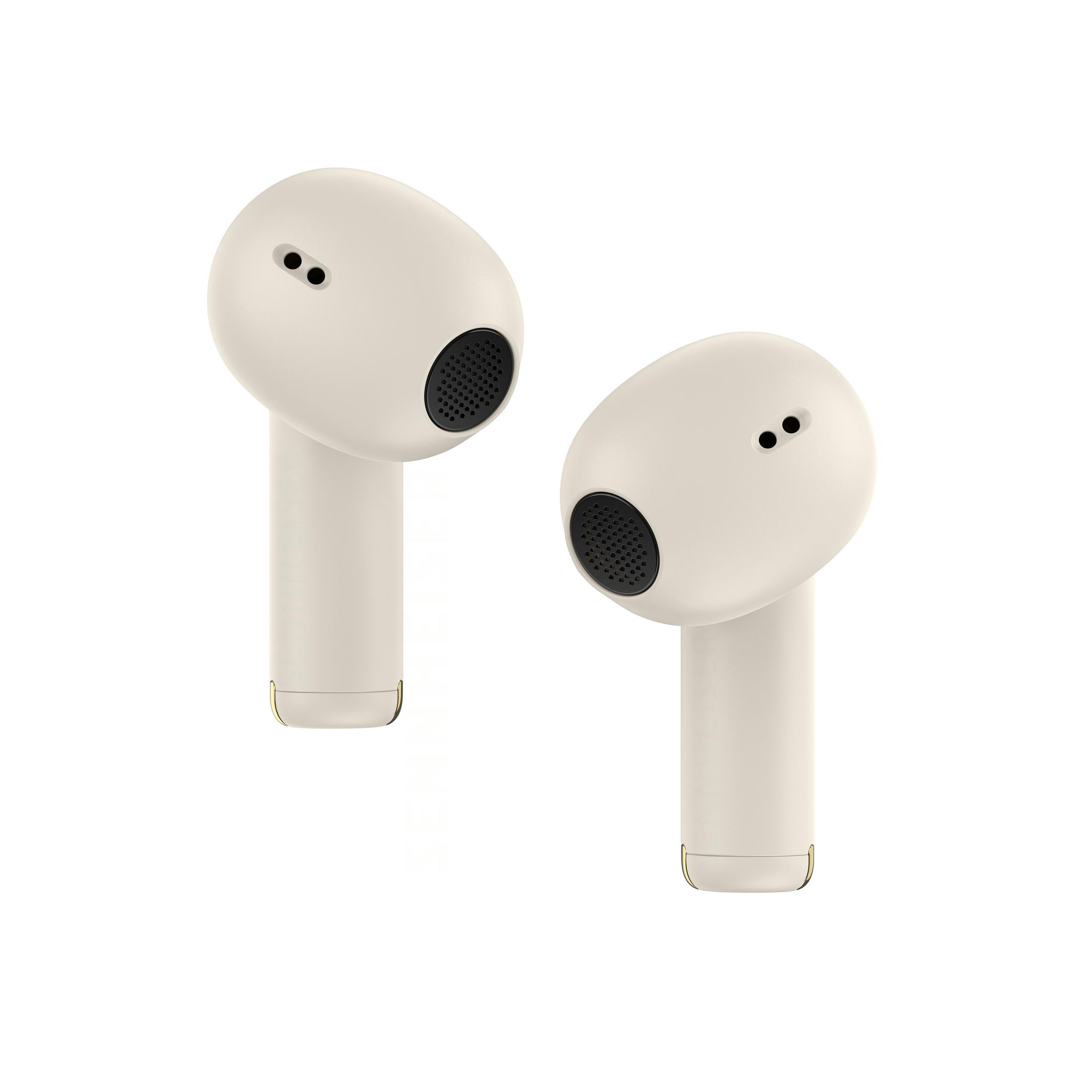 Dos auriculares inalámbricos de color marfil sobre un fondo blanco. Cada auricular tiene un altavoz negro y pequeños agujeros.