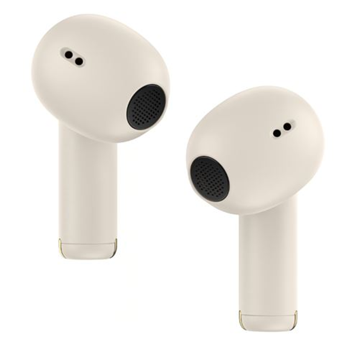 Dos auriculares inalámbricos blanquecinos. Cada uno tiene una rejilla de altavoz negra y un pequeño acento dorado.
