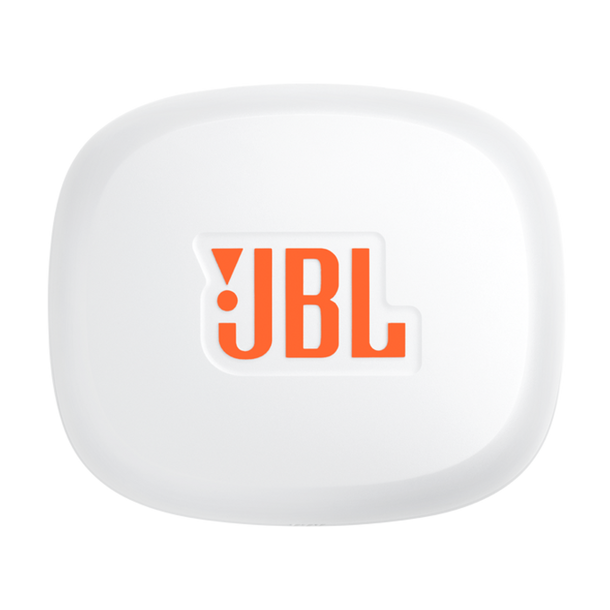 Una custodia bianca e arrotondata con il logo JBL arancione. La custodia è su uno sfondo nero.