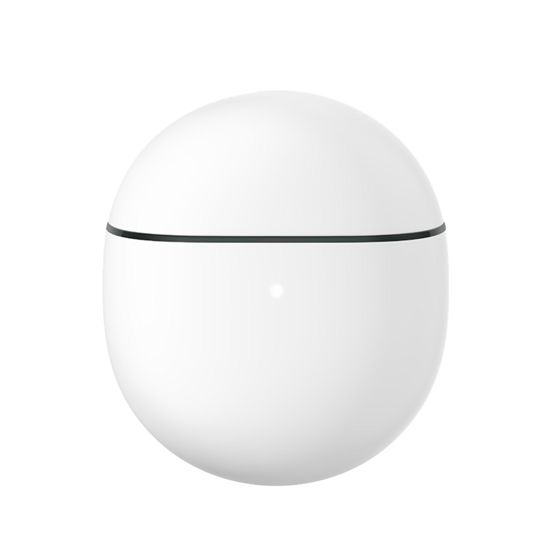 A white, spherical object with a black band around the middle. The background is plain white.