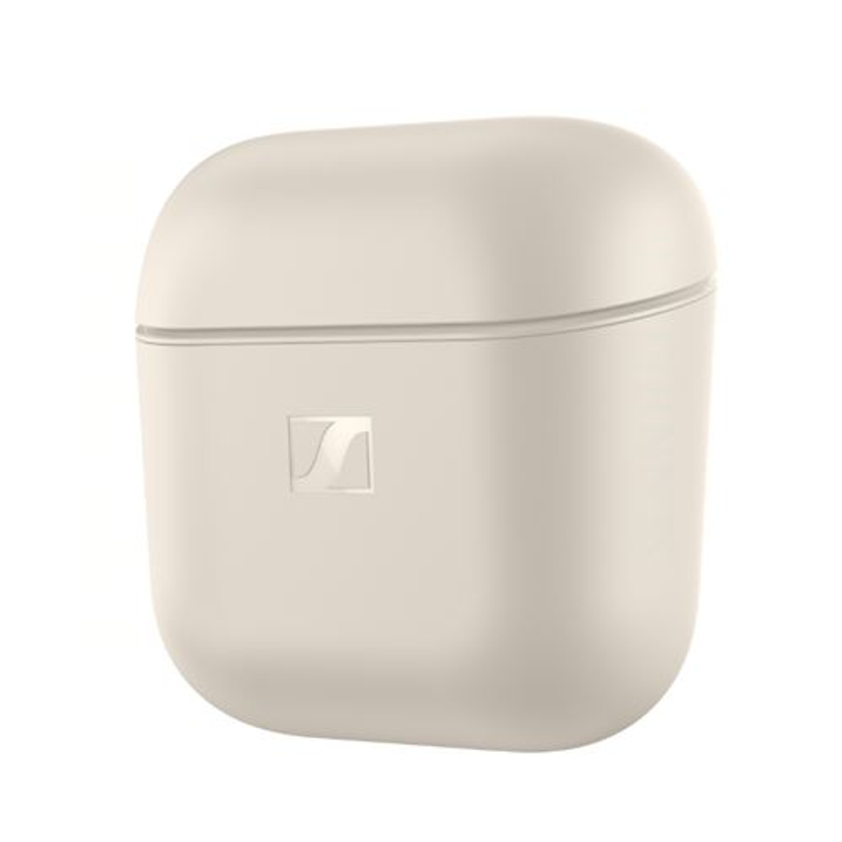 Una funda beige para auriculares con forma cuadrada y bordes redondeados. Un pequeño logotipo está al frente. El fondo es blanco.