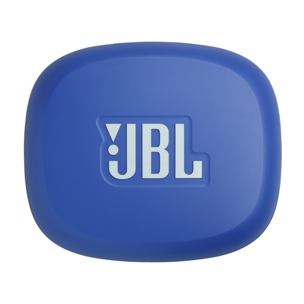 Una custodia JBL blu su sfondo nero. Il logo JBL bianco è centrato sulla parte superiore della custodia.
