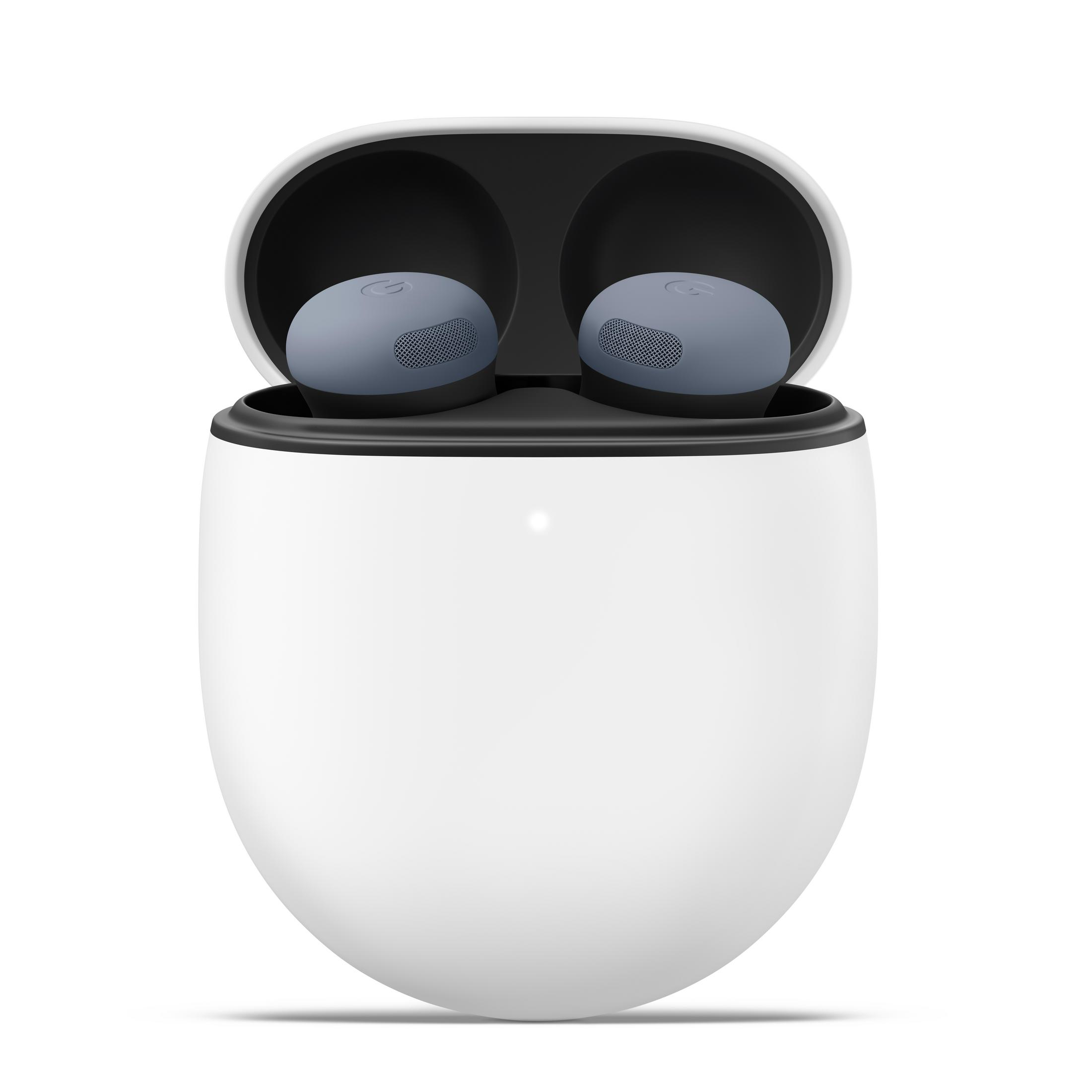 Białe etui ładujące z otwartą pokrywą, ujawniające dwie niebiesko-szare słuchawki bezprzewodowe na białym tle.