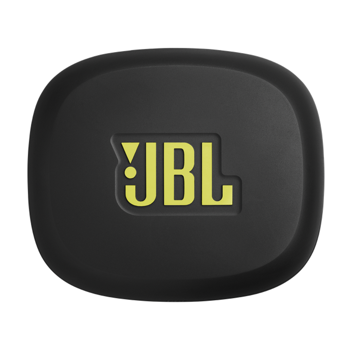 Una custodia nera e arrotondata con il logo JBL giallo al centro. Lo sfondo è nero pieno.