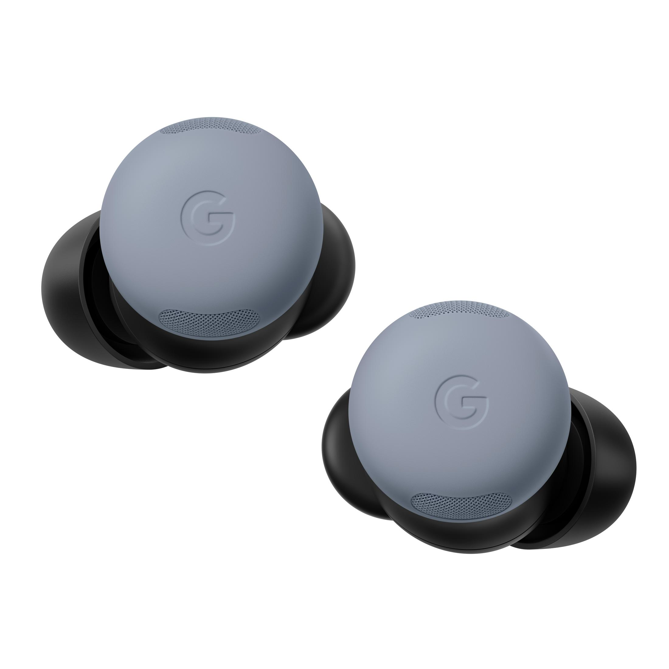 Dwa szare Google Pixel Buds, każdy z czarnymi słuchawkami. Każdy pączek ma logo 'G'.