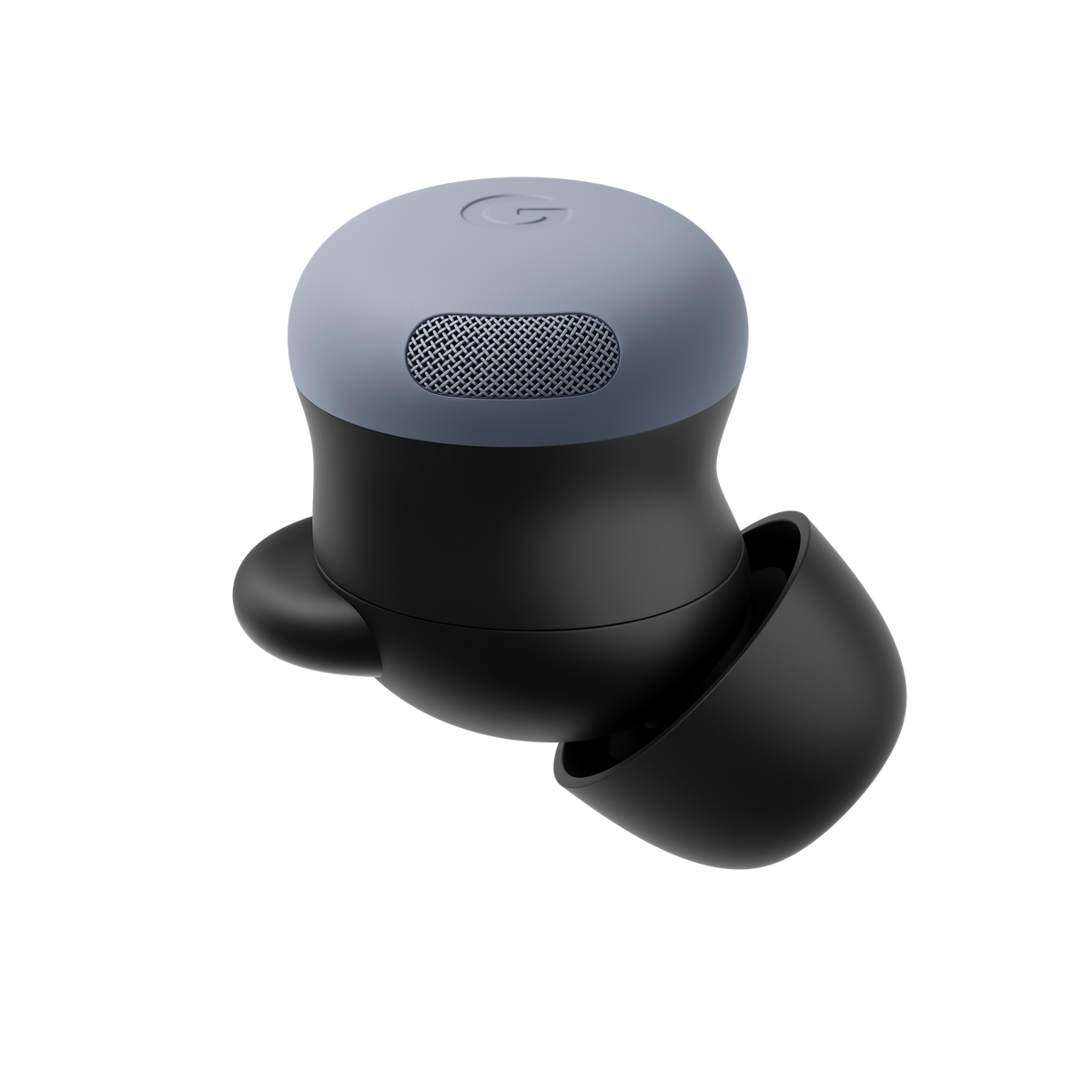 Zbliżenie czarnej i szarej bezprzewodowej słuchawki. Słuchawka ma szczyt w kolorze szarym z małym mikrofonem i czarnym korpusem.