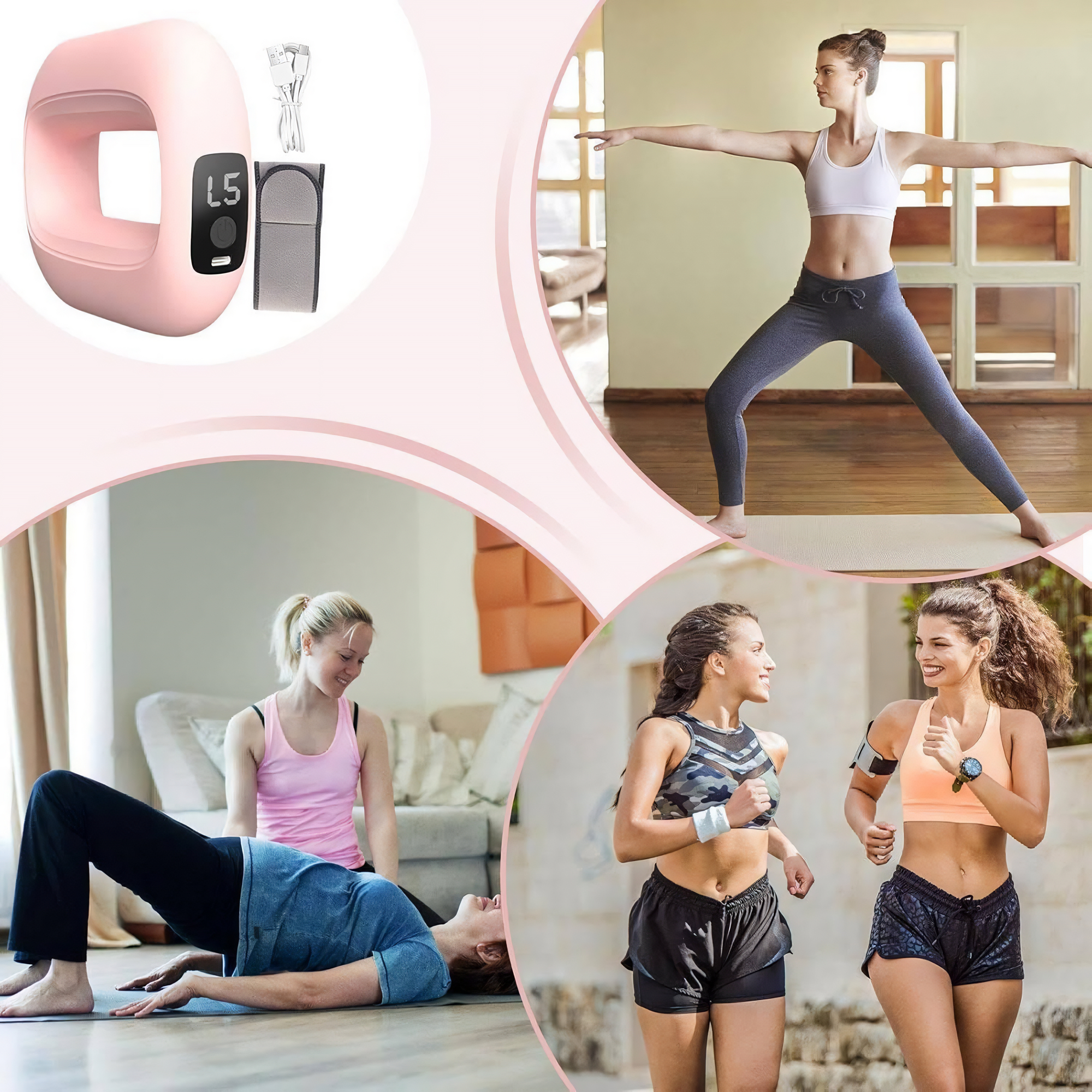 Das Bild zeigt Fitnessgeräte, eine Frau in Yogapose und zwei Frauen beim Laufen. Andere Frauen trainieren drinnen.