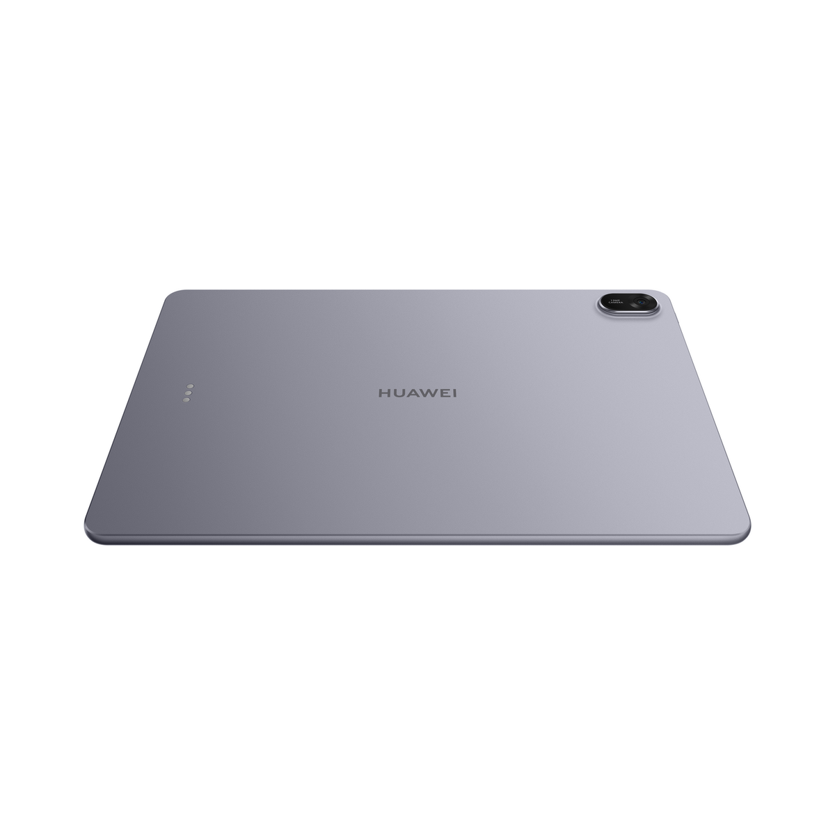 Ein graues Huawei-Tablet wird gezeigt. Die Kamera ist in der Ecke sichtbar. Das Huawei-Logo befindet sich in der Mitte. Der Hintergrund ist weiß.