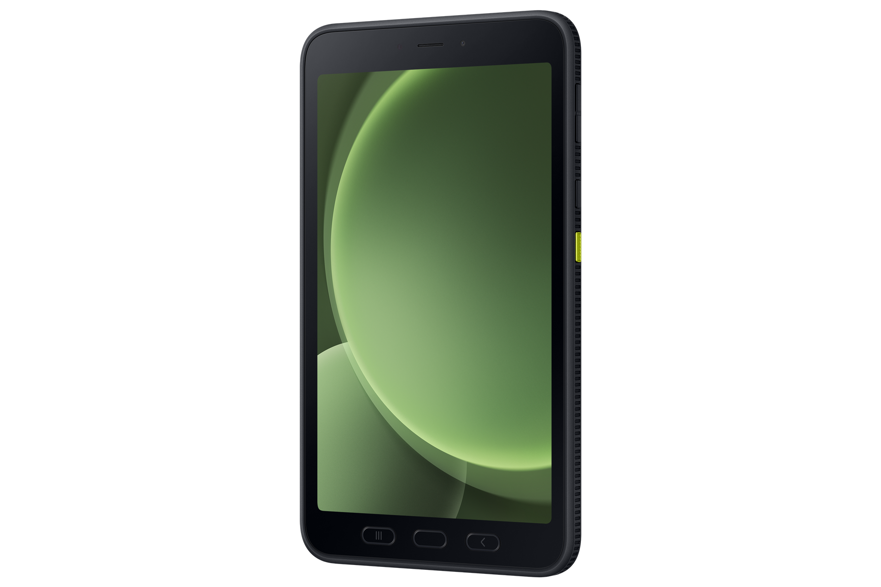 Tableta negra con pantalla verde. Botón lateral verde-amarillo. Marco negro. Fondo negro. La pantalla muestra formas verdes.