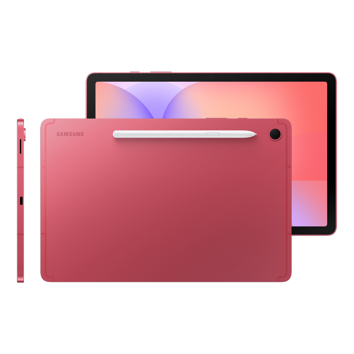 Un tablet Samsung rosso con stilo. Viene mostrato da diverse angolazioni. Lo schermo mostra una sfumatura colorata.