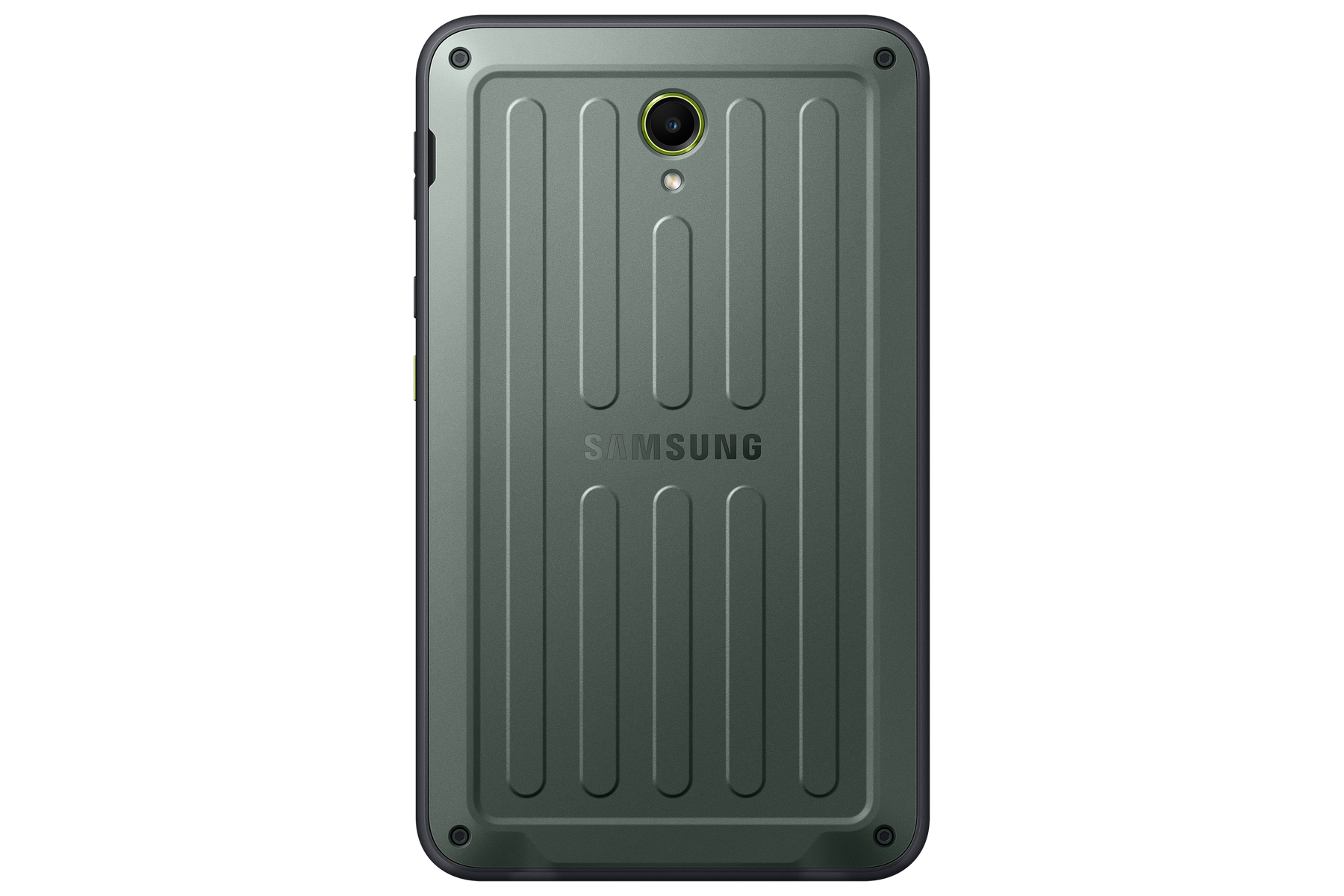 Parte trasera de una tableta Samsung resistente en verde oscuro. Tiene ranuras verticales y una lente de cámara. El logotipo es visible.