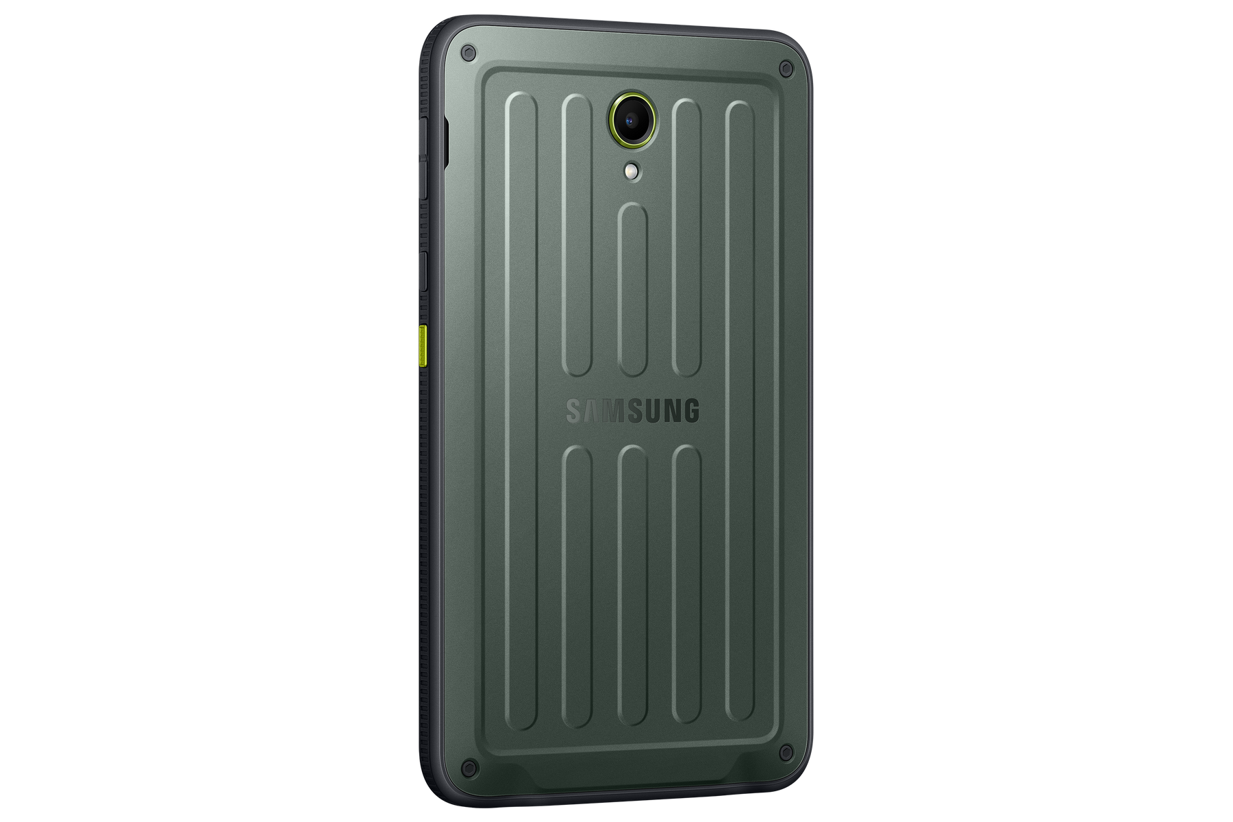 Una tableta Samsung verde, vista trasera, con cámara y el logo de Samsung. La tableta tiene un diseño robusto y está sobre fondo negro.