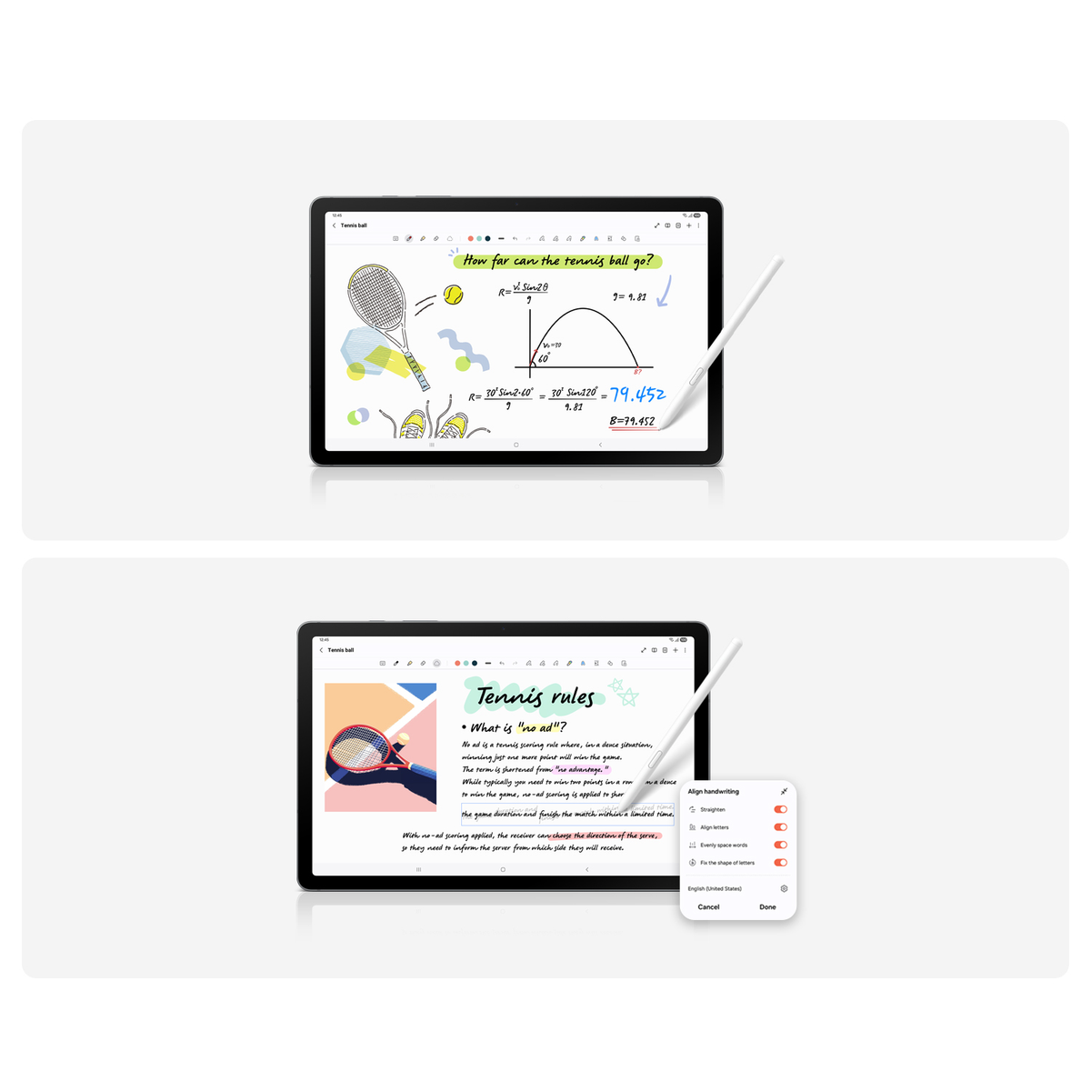 Dwa tablety wyświetlają informacje o tenisie. Jeden pokazuje obliczenia, drugi zasady tenisa. Rysik wskazuje na ekran zasad.
