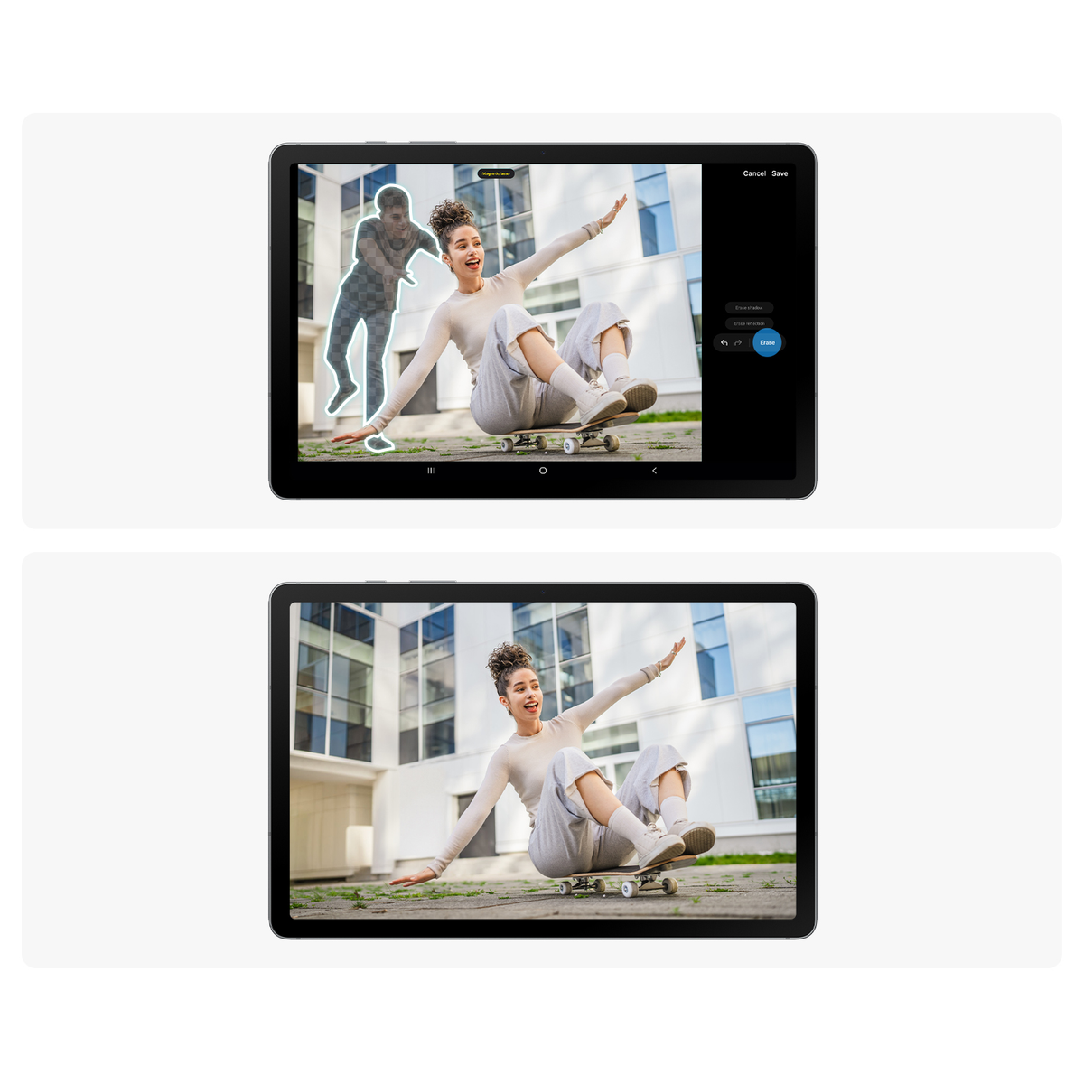 Kobieta na deskorolce z wyciągniętymi ramionami, z budynkiem w tle. Na ekranie znajduje się wycięcie osoby.