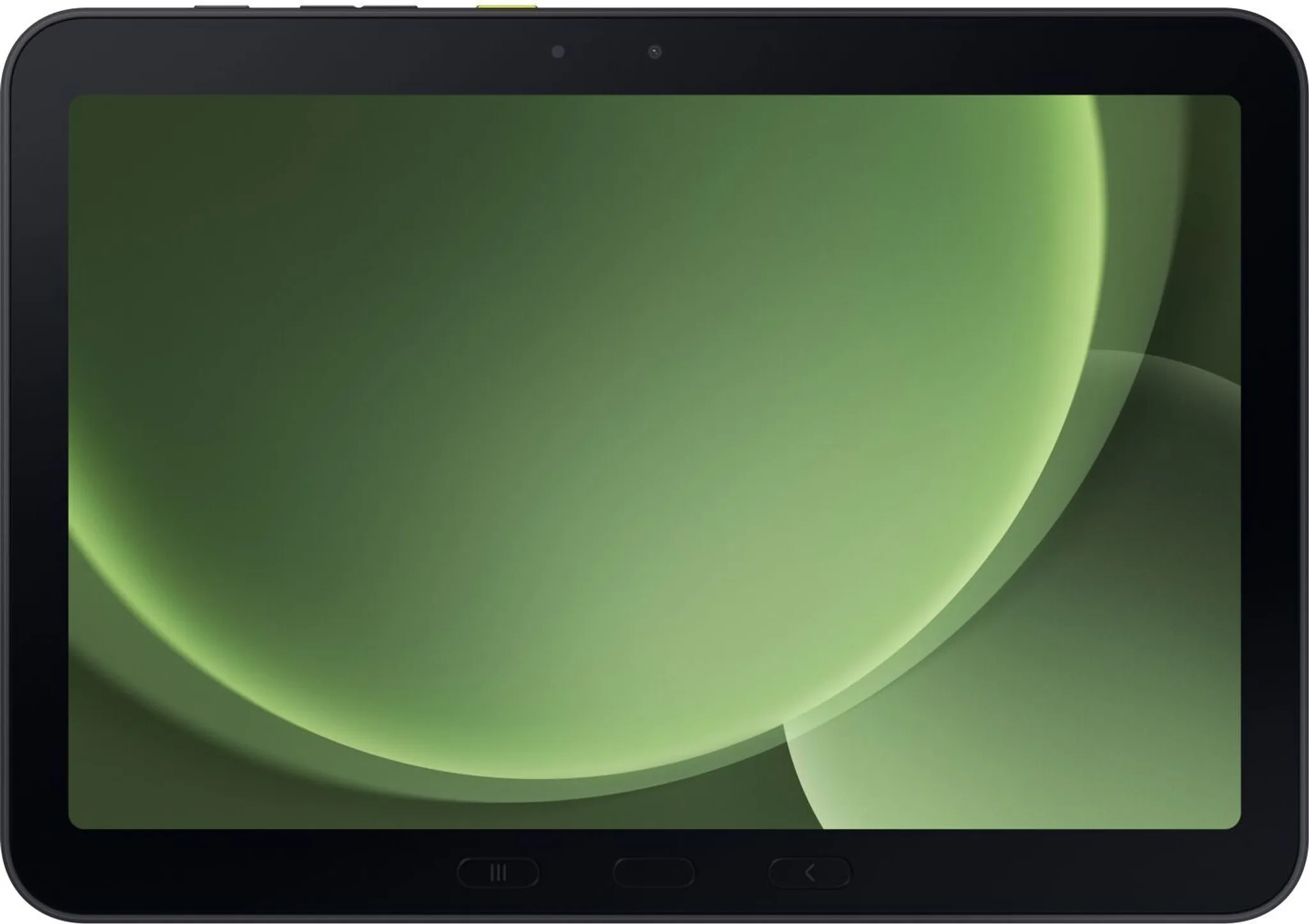 Czarny tablet z zielonym ekranem wyświetlającym abstrakcyjne kształty. Ekran ma kamerę i przyciski na górze i na dole.