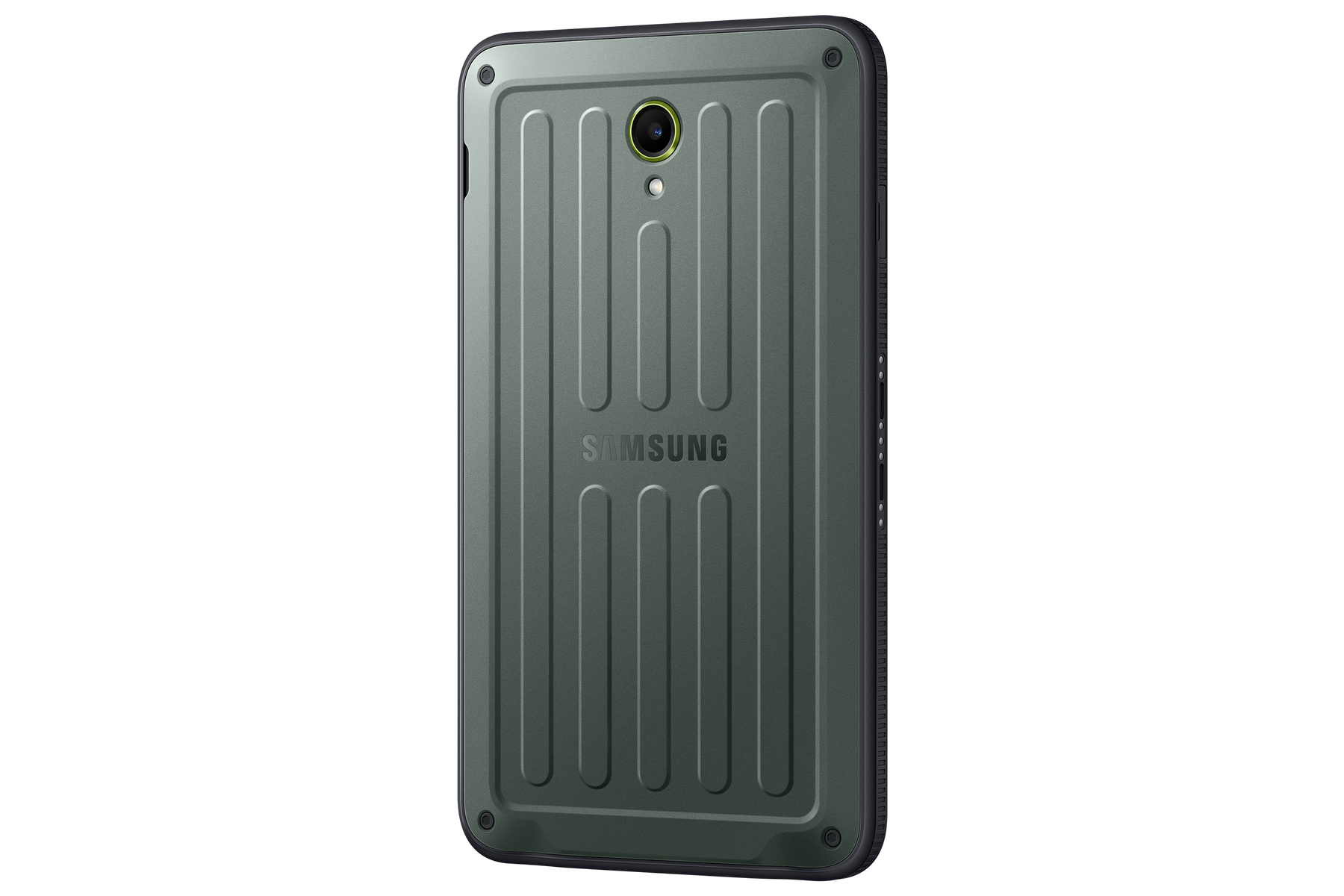 Parte trasera de una tableta Samsung en verde oliva con líneas verticales, cámara y logotipo de Samsung. Borde y botones negros.