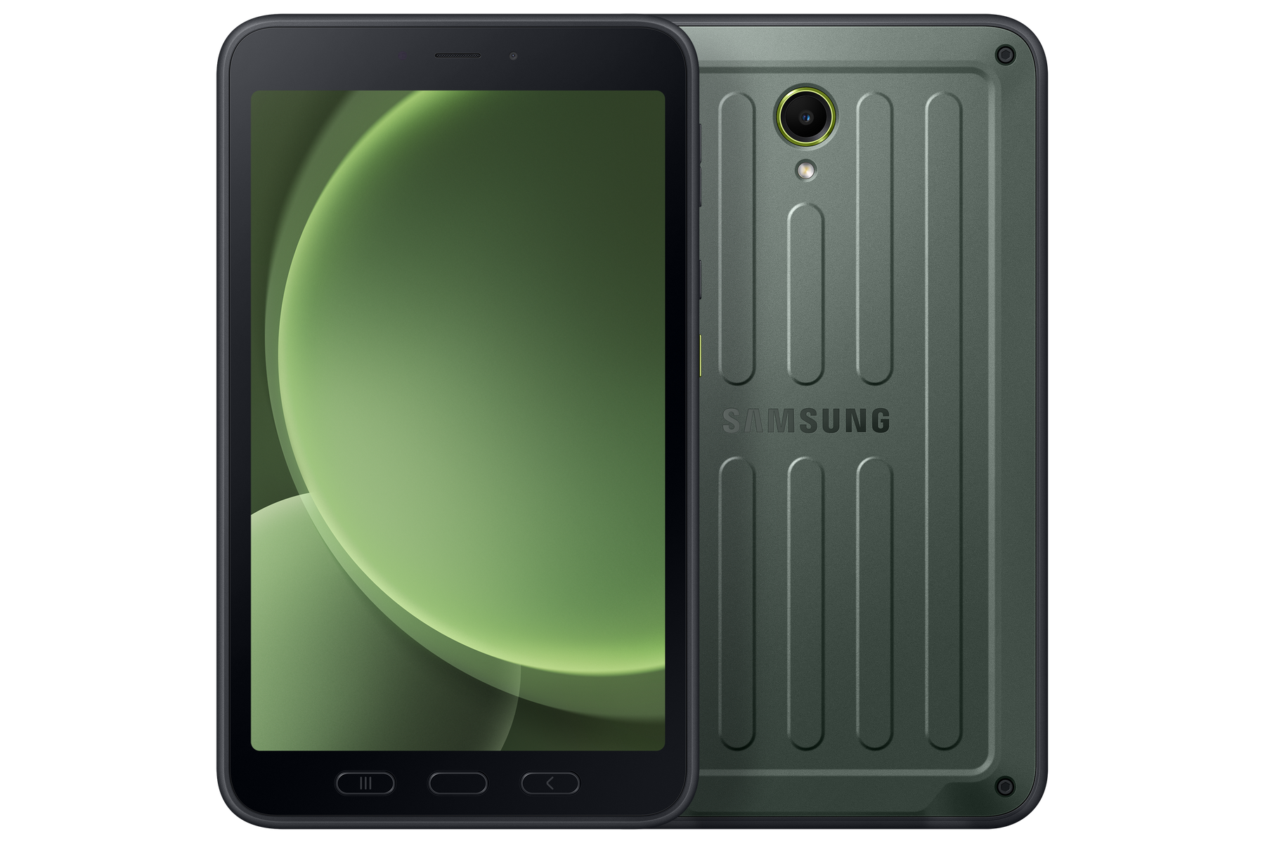 Una tableta Samsung, vista frontal y posterior. La parte frontal es negra con pantalla verde. La parte posterior es verde, texturizada con cámara.