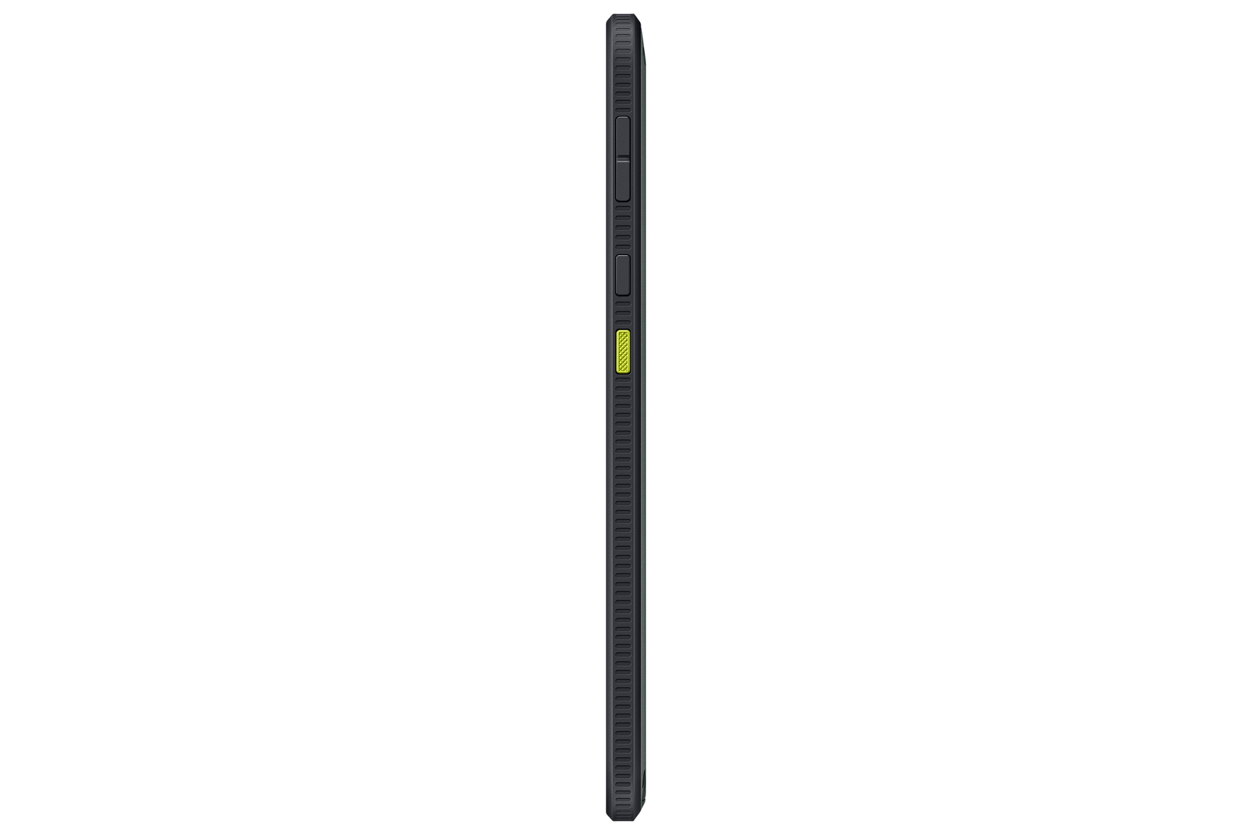 Vista lateral de un teléfono oscuro. Tiene botones y un acento amarillo. El fondo es completamente negro.