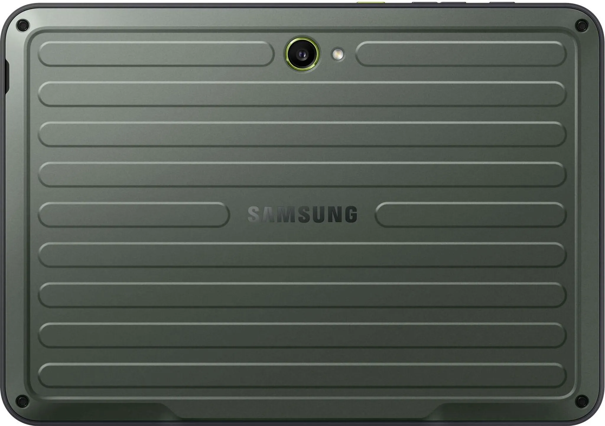 Ciemnozielony tablet Samsung z poziomymi liniami. Posiada aparat i logo Samsung. Krawędzie mają czarną obwódkę.