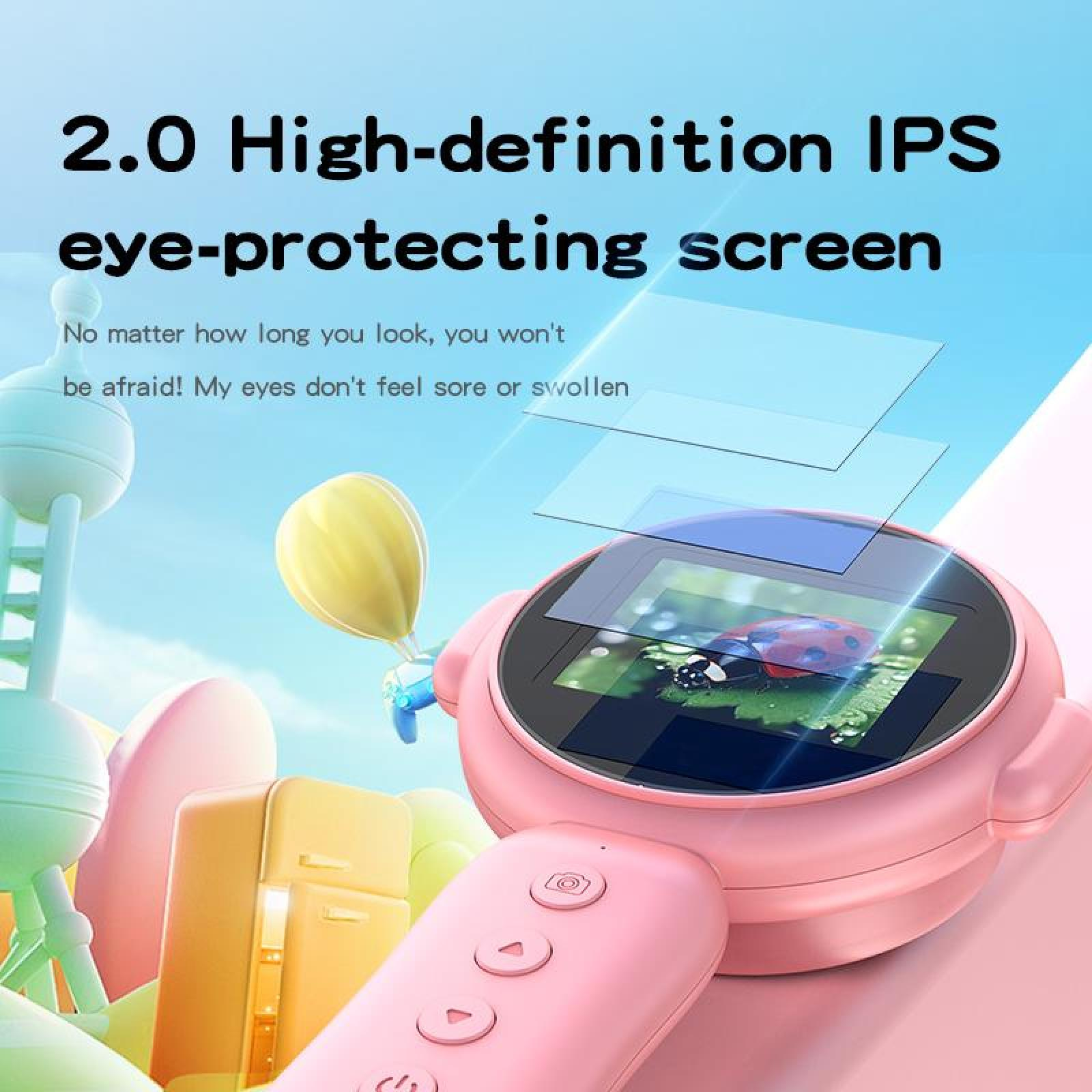 Rosa Smartwatch mit Fernbedienung. Text: 2.0 High-Definition IPS augenschützender Bildschirm. Gelber Ballon im Hintergrund.