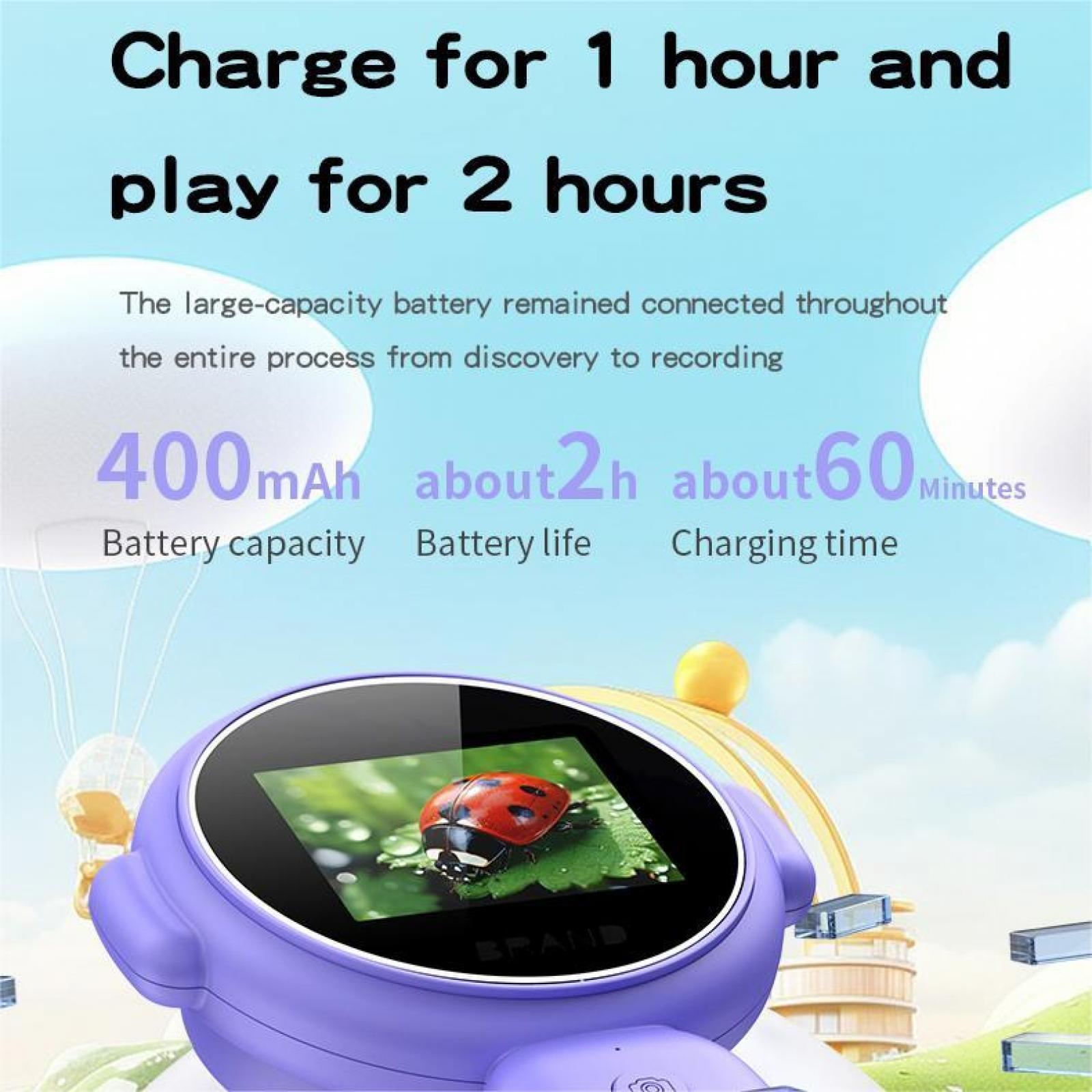 Eine lila Smartwatch mit einem Marienkäfer auf dem Bildschirm. Text: 1 Stunde laden und 2 Stunden spielen.