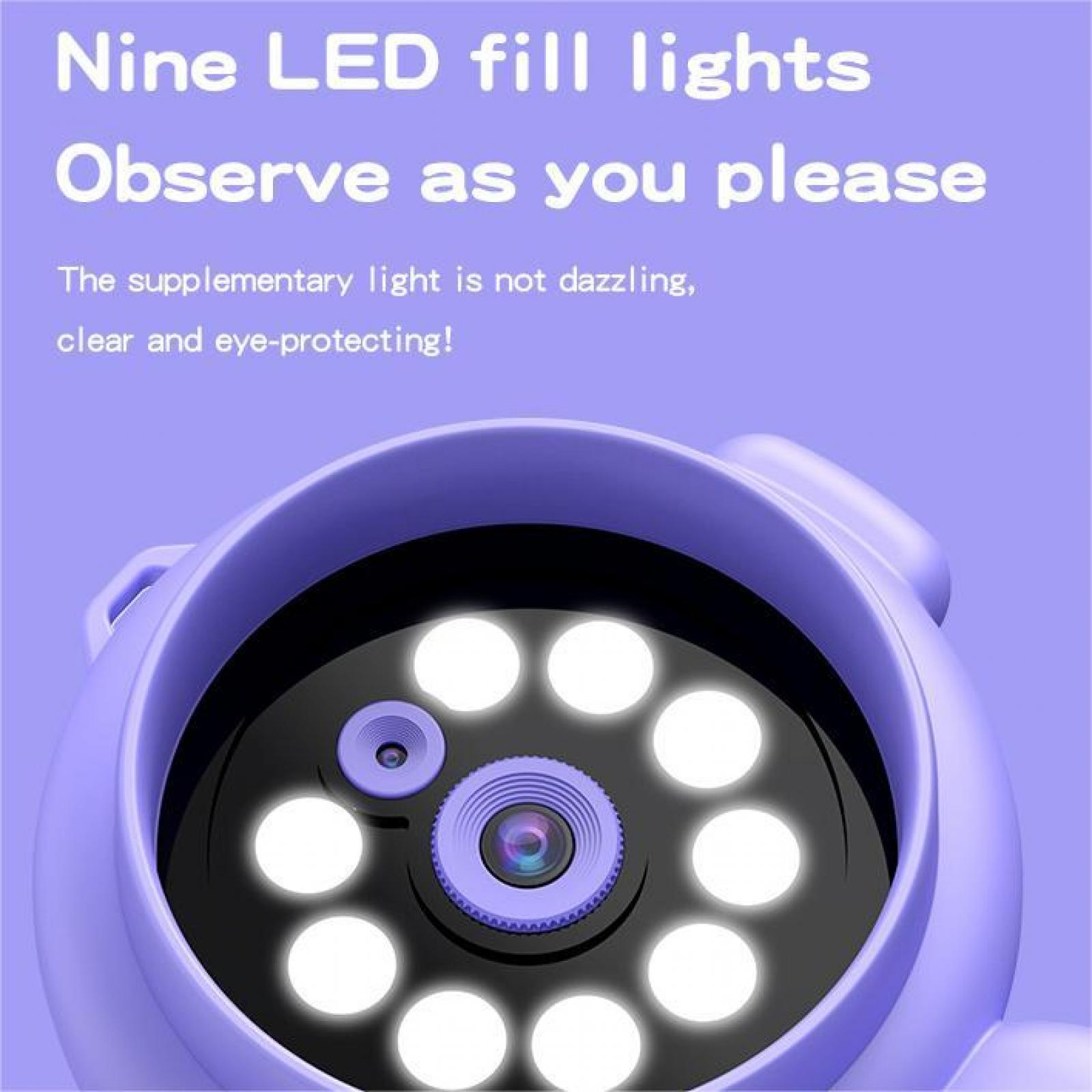 Ein lila Gerät mit neun LED-Leuchten und einem Kameraobjektiv, der Text lautet 'Beobachten Sie nach Belieben'.