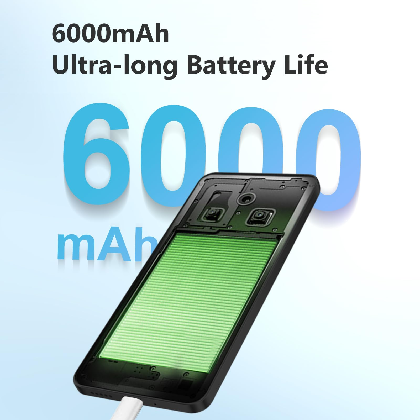 Das Bild zeigt ein Telefon mit grüner Akkuanzeige, mit den Worten 6000mAh und Ultra-lange Akkulaufzeit.