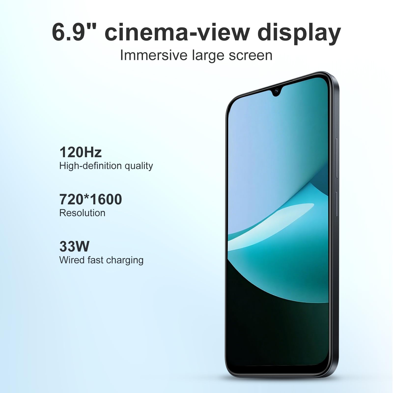 Smartphone mit großem Display, Funktionen umfassen 120 Hz, 720*1600 Auflösung und 33 W kabelgebundenes Schnellladen.