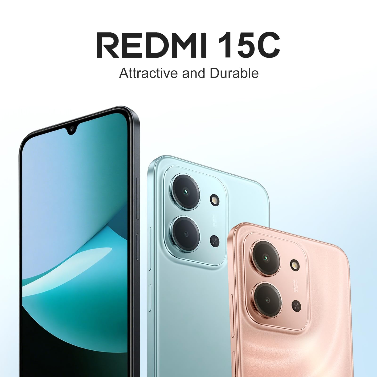 Redmi 15C-Telefone in drei Farben: Schwarz, Grün und Pfirsich. Jedes Telefon hat eine Kamera und einen Bildschirm.