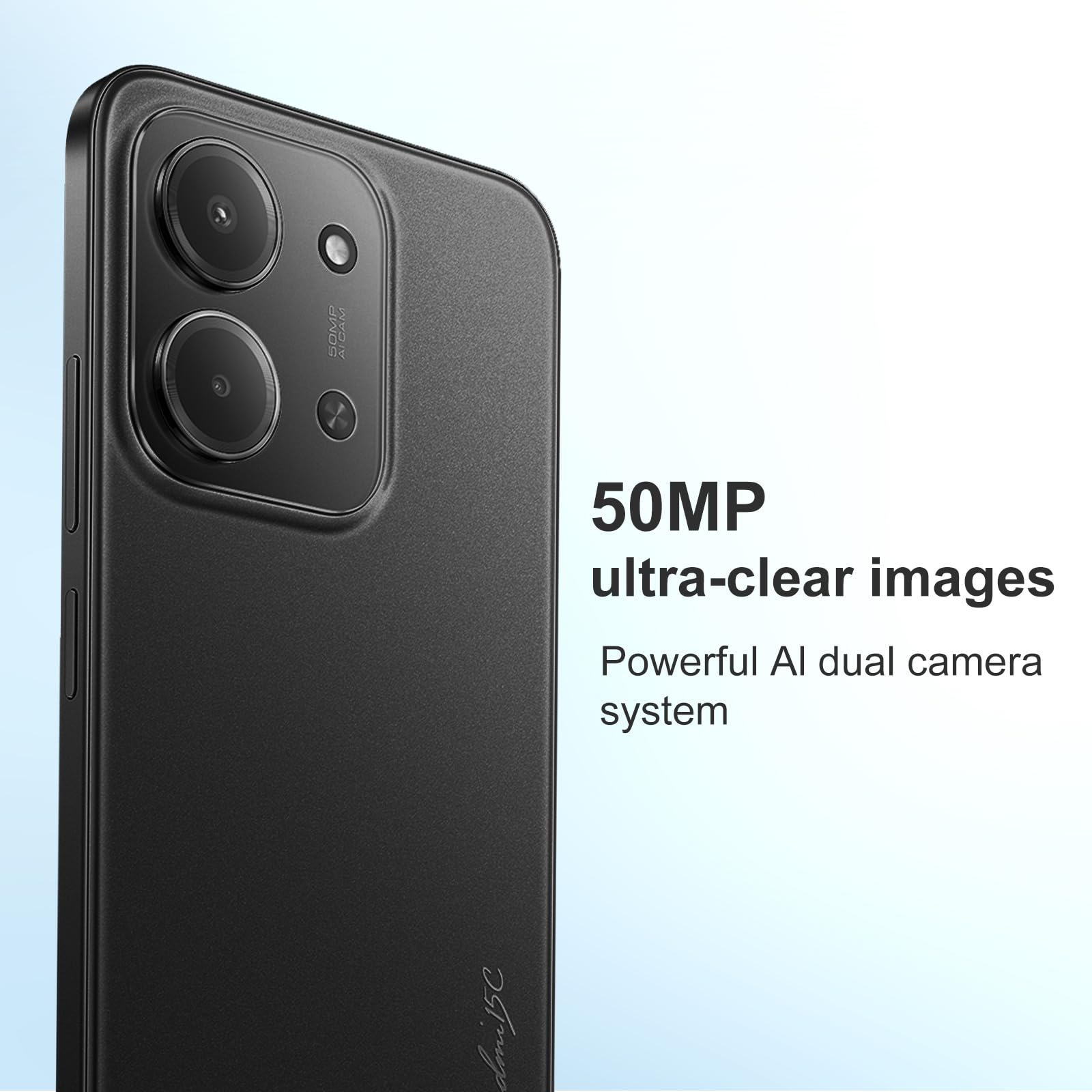 Schwarzes Smartphone mit Dual-Kamerasystem. Text: 50MP ultraklare Bilder, leistungsstarkes KI-Dual-Kamerasystem.