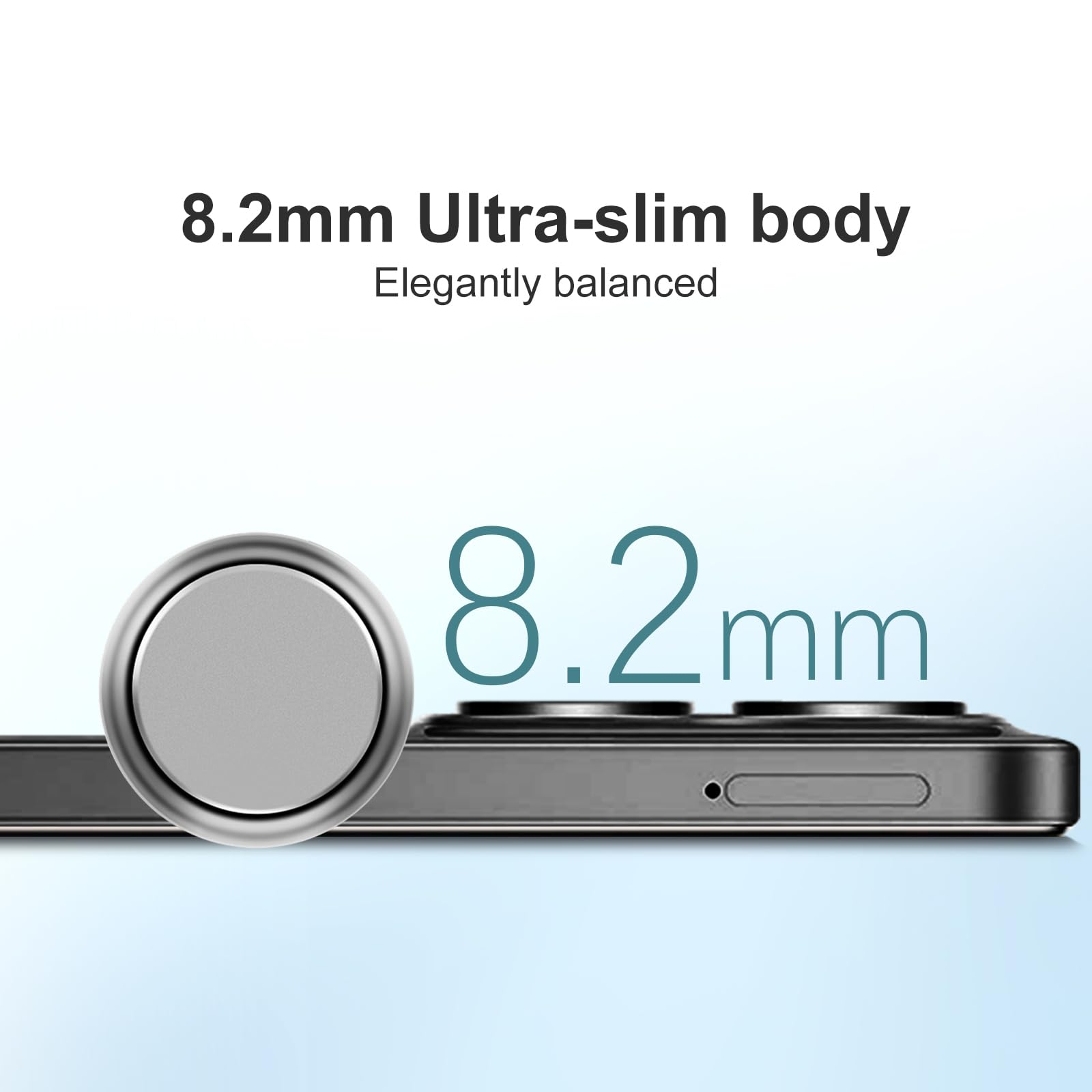 Das Bild zeigt ein Telefon mit einem ultradünnen Gehäuse. Der Text hebt die 8,2 mm Dicke hervor. Das Design ist elegant ausbalanciert.