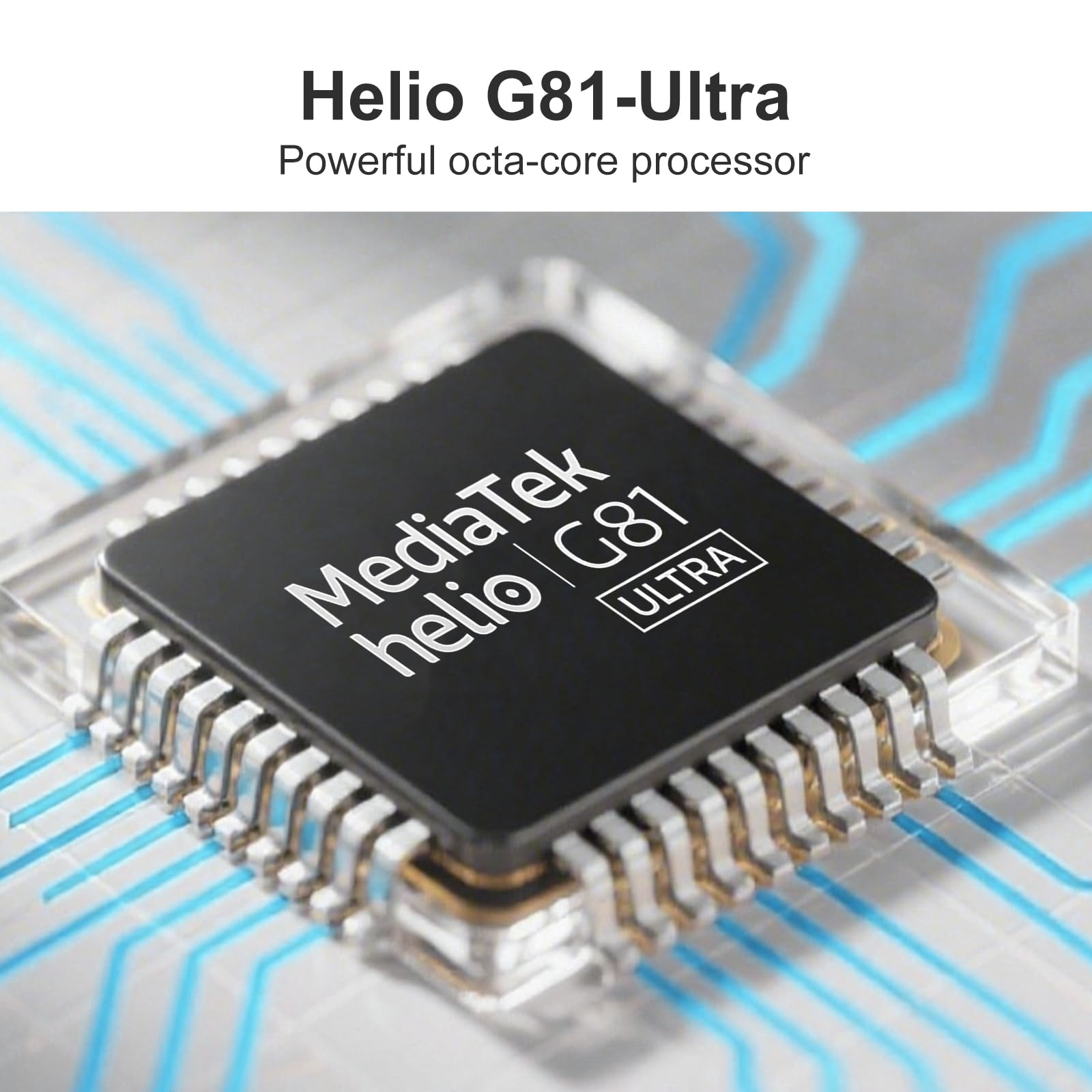 Nahaufnahme eines schwarzen MediaTek Helio G81 Ultra-Prozessorchips mit silbernen Pins auf einer blauen Leiterplatte.