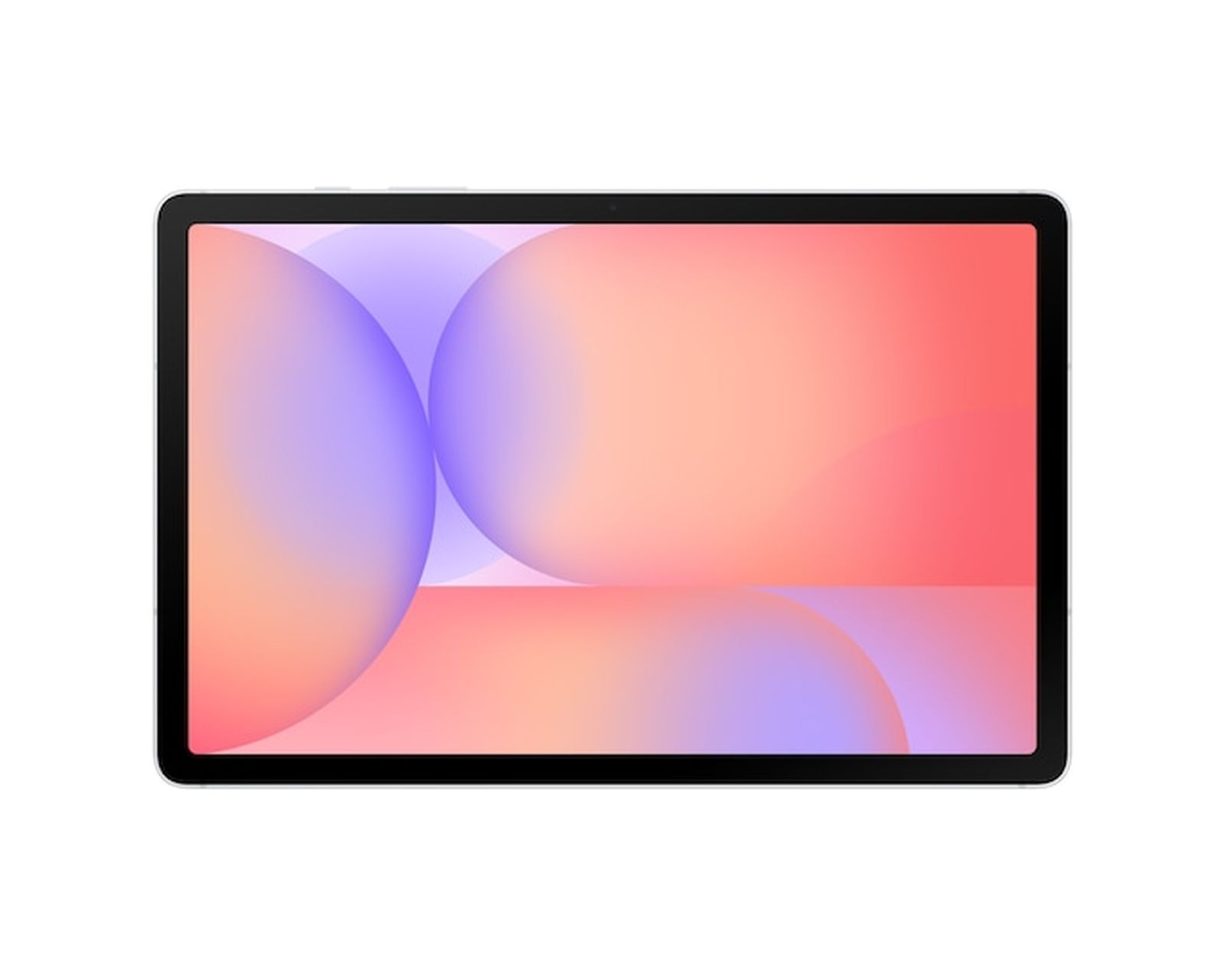 Ein Tablet mit schwarzem Rahmen, das einen bunten Bildschirm mit rosa, orangefarbenen und lila Farbverlaufskreisen auf weißem Hintergrund zeigt.